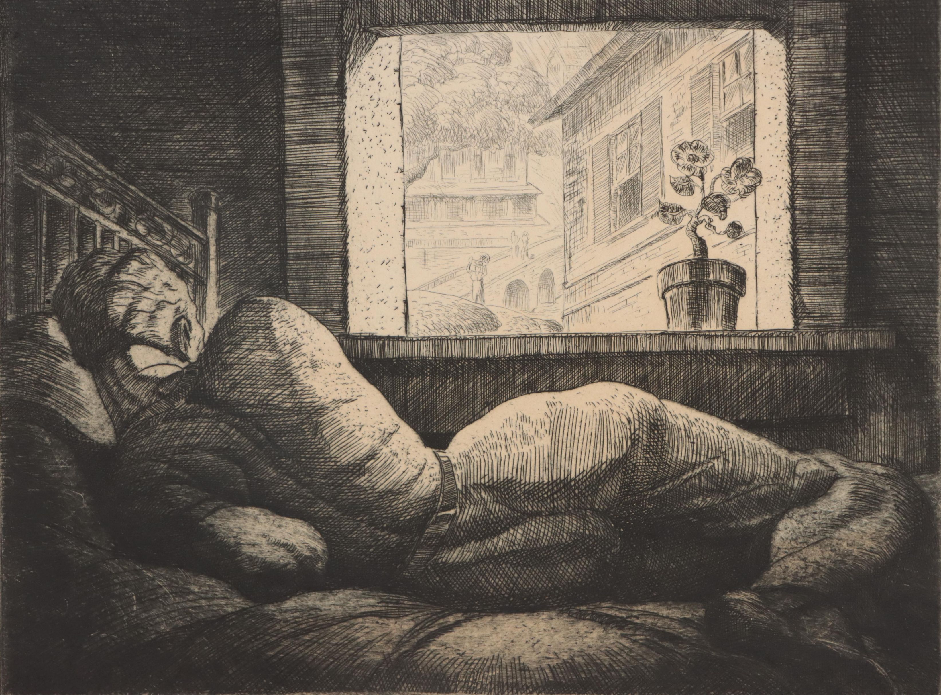 Dan Burne Jones Etching of Reclining Figure "The Outward Room"