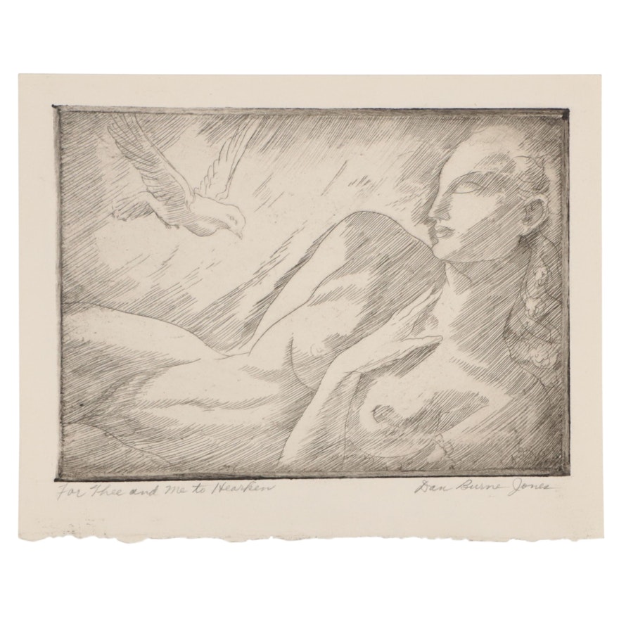 Dan Burne Jones Figural Etching "For Me and Thee to Hearken"