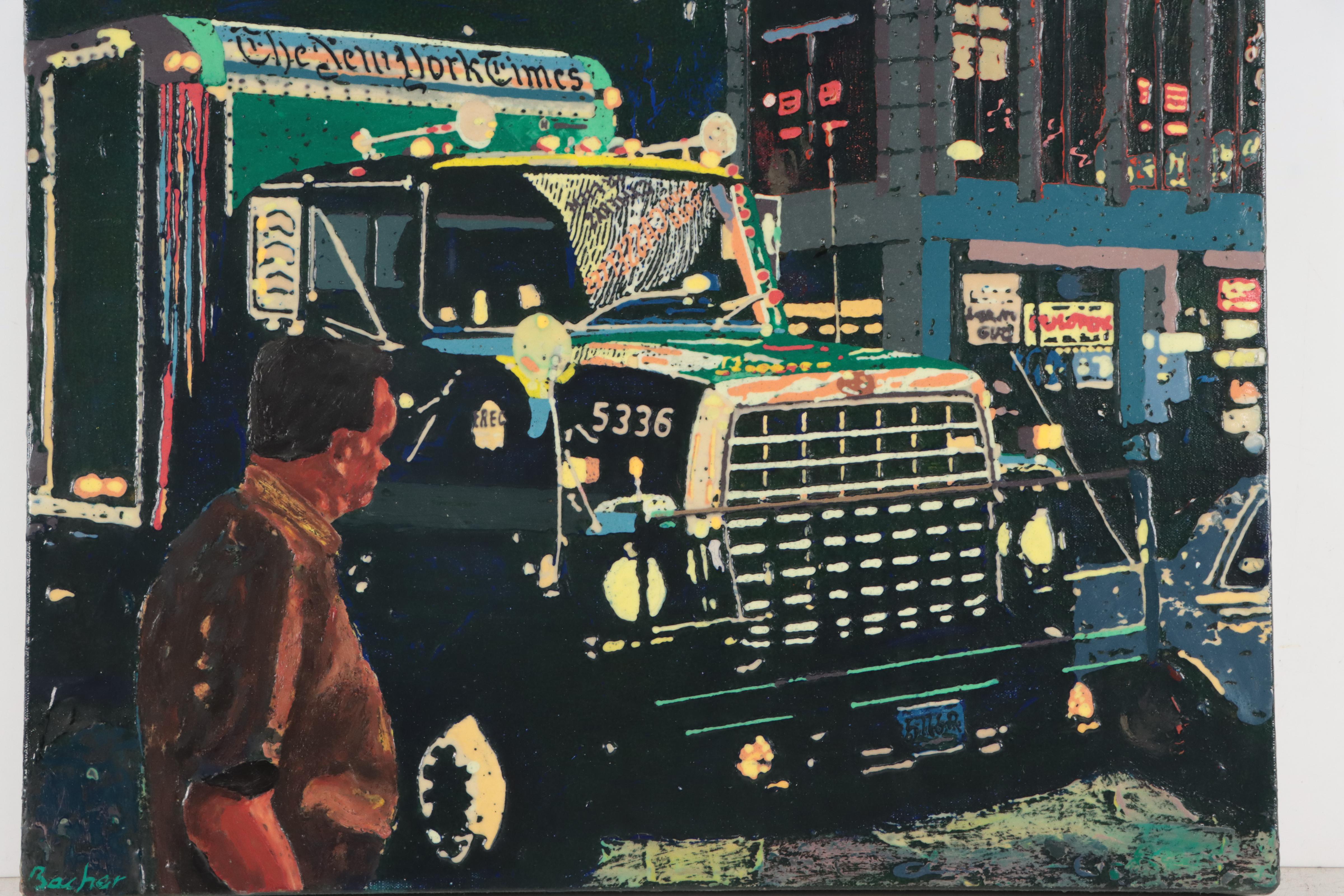 Thomas Bacher Phosphorescent Acrylic Painting "The New York Times," 1990