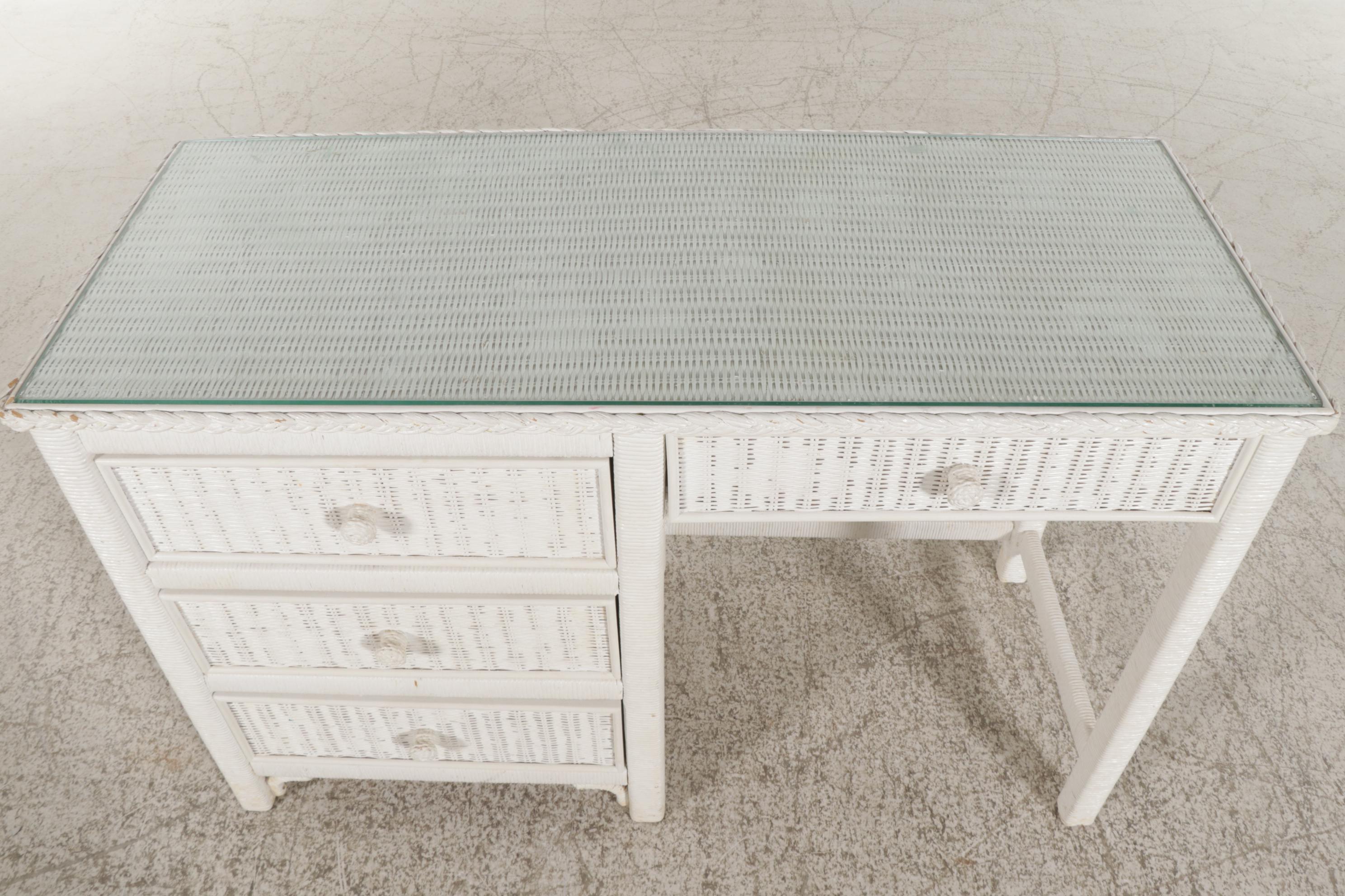 Henry Link White Wicker and Glass Panel Top Desk, Late 20th Century