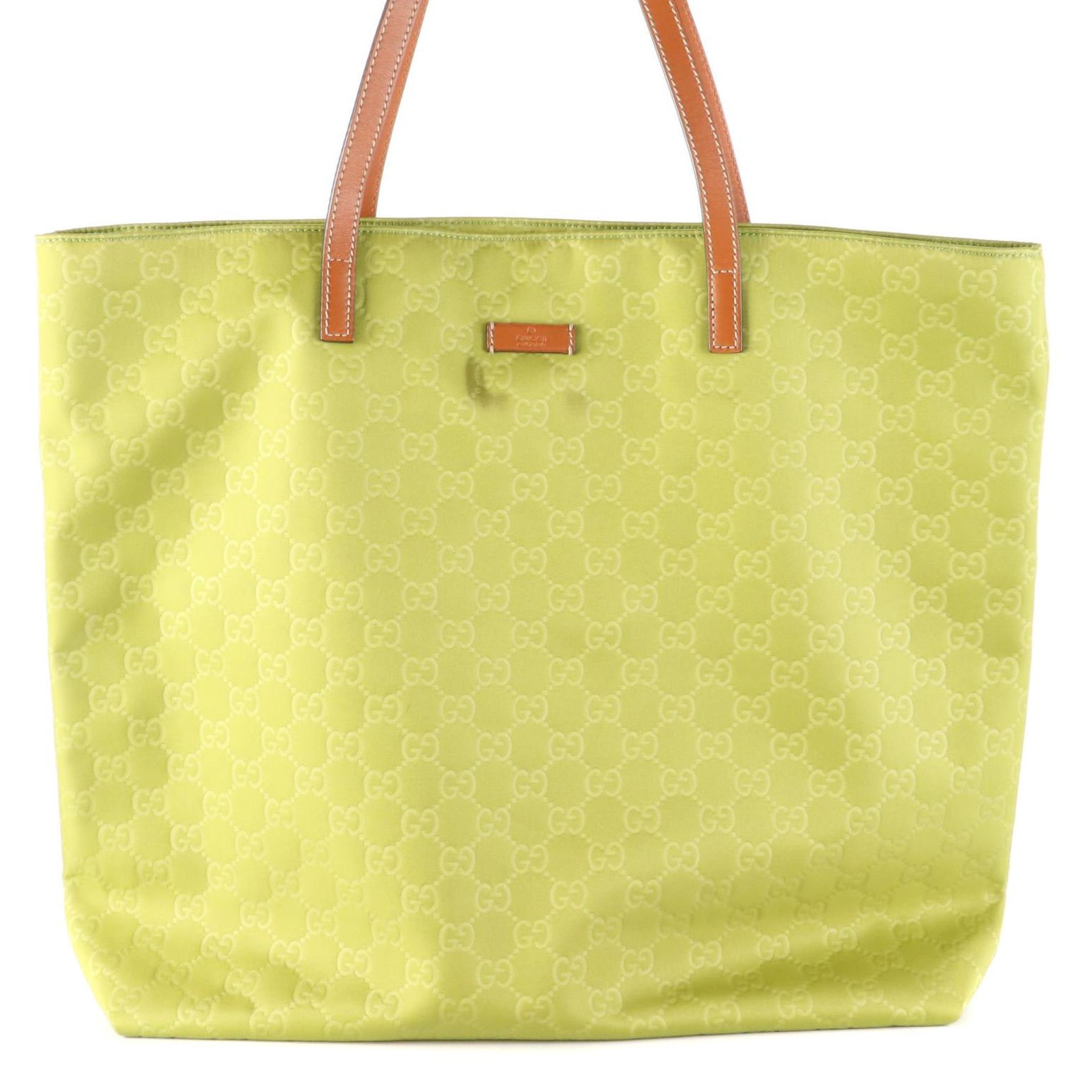 Gucci Large Tote Bag in GG Green Nylon and Brown Leather