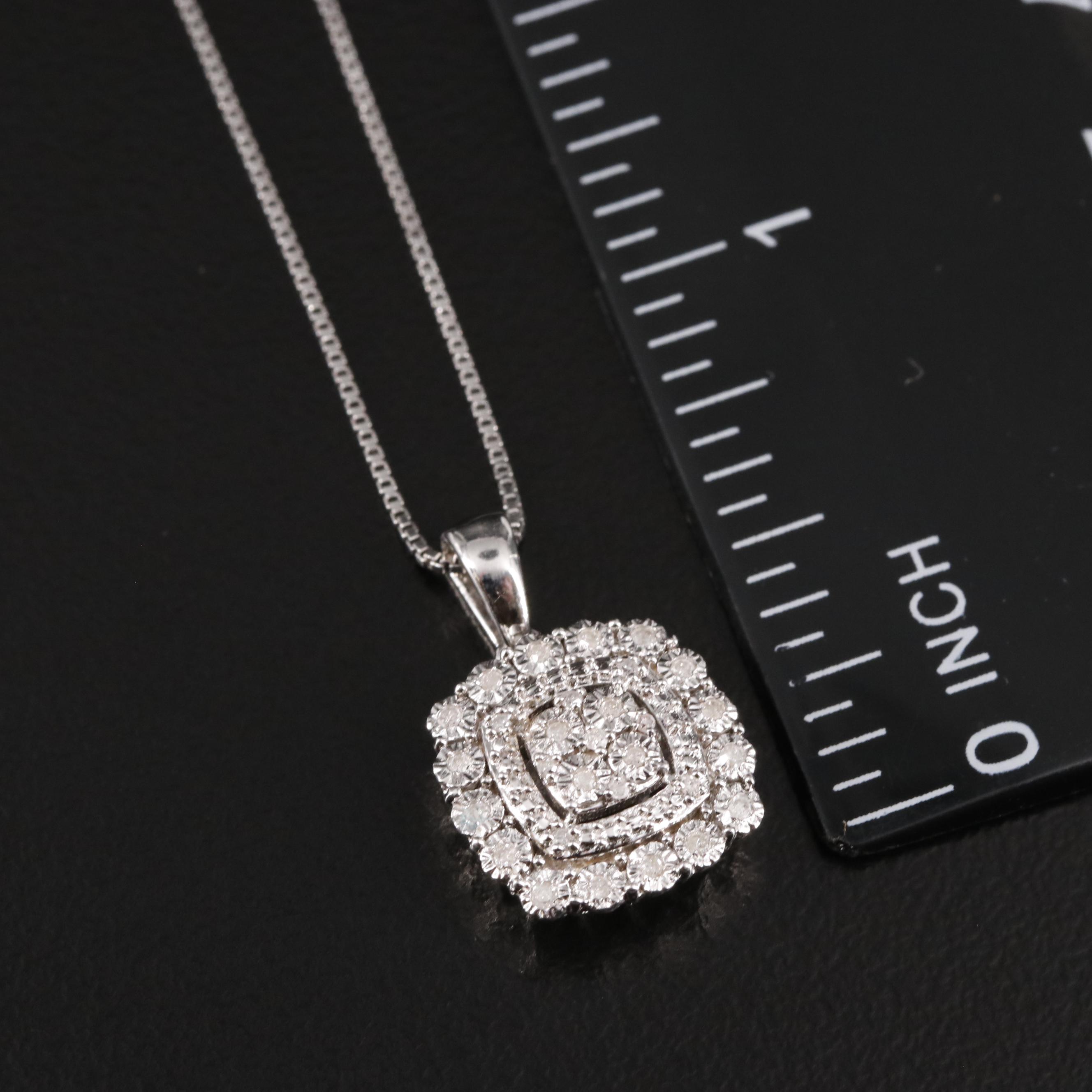 Sterling Diamond Cluster Halo Pendant Necklace