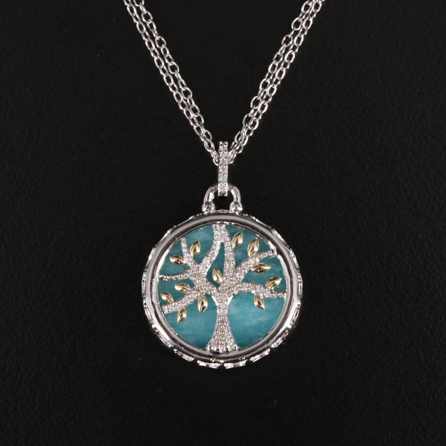 Sterling Chrysoprase and Diamond Tree of Life Pendant Necklace