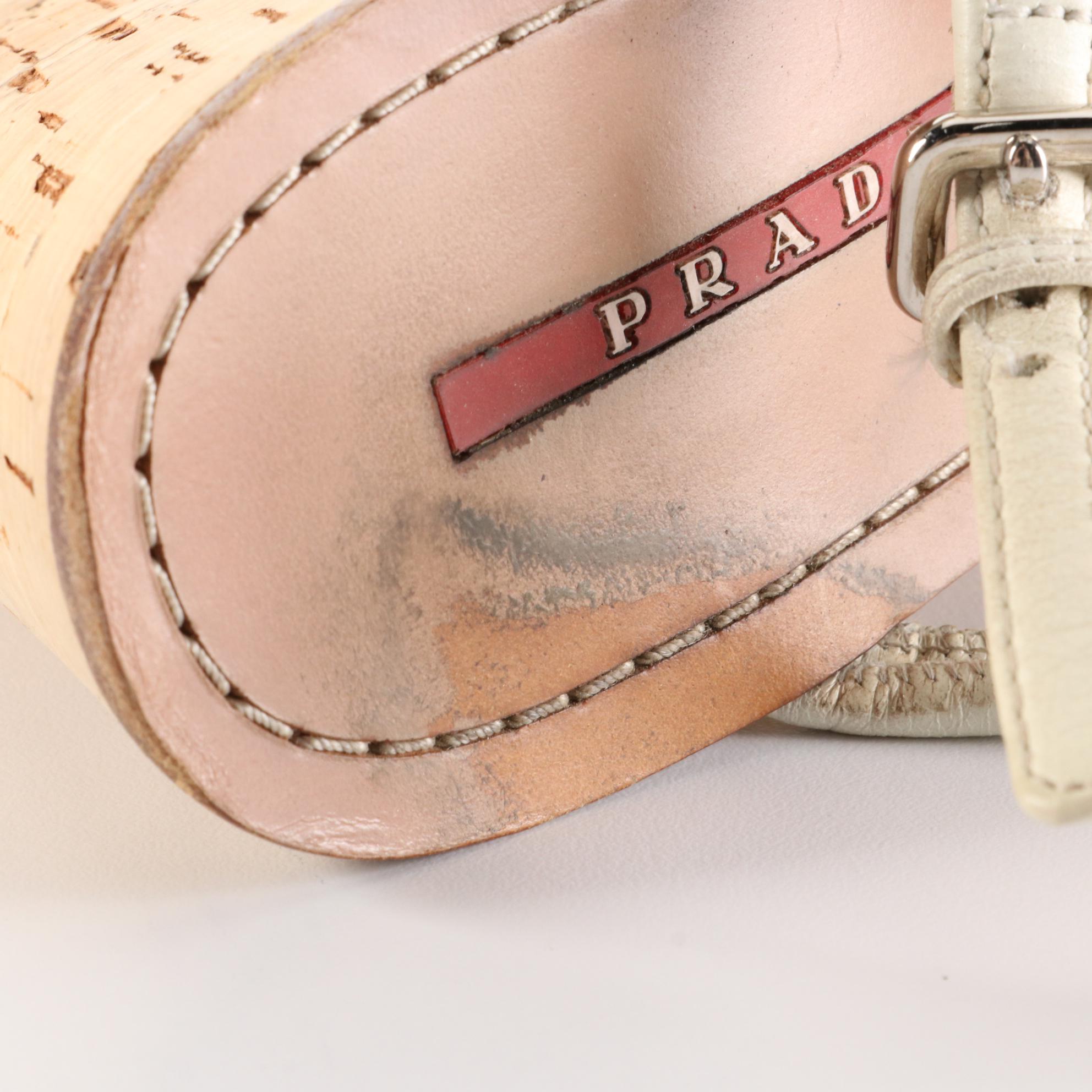 Prada Sport Strappy Leather Sandals with Cork Platform Wedge and Includes Box