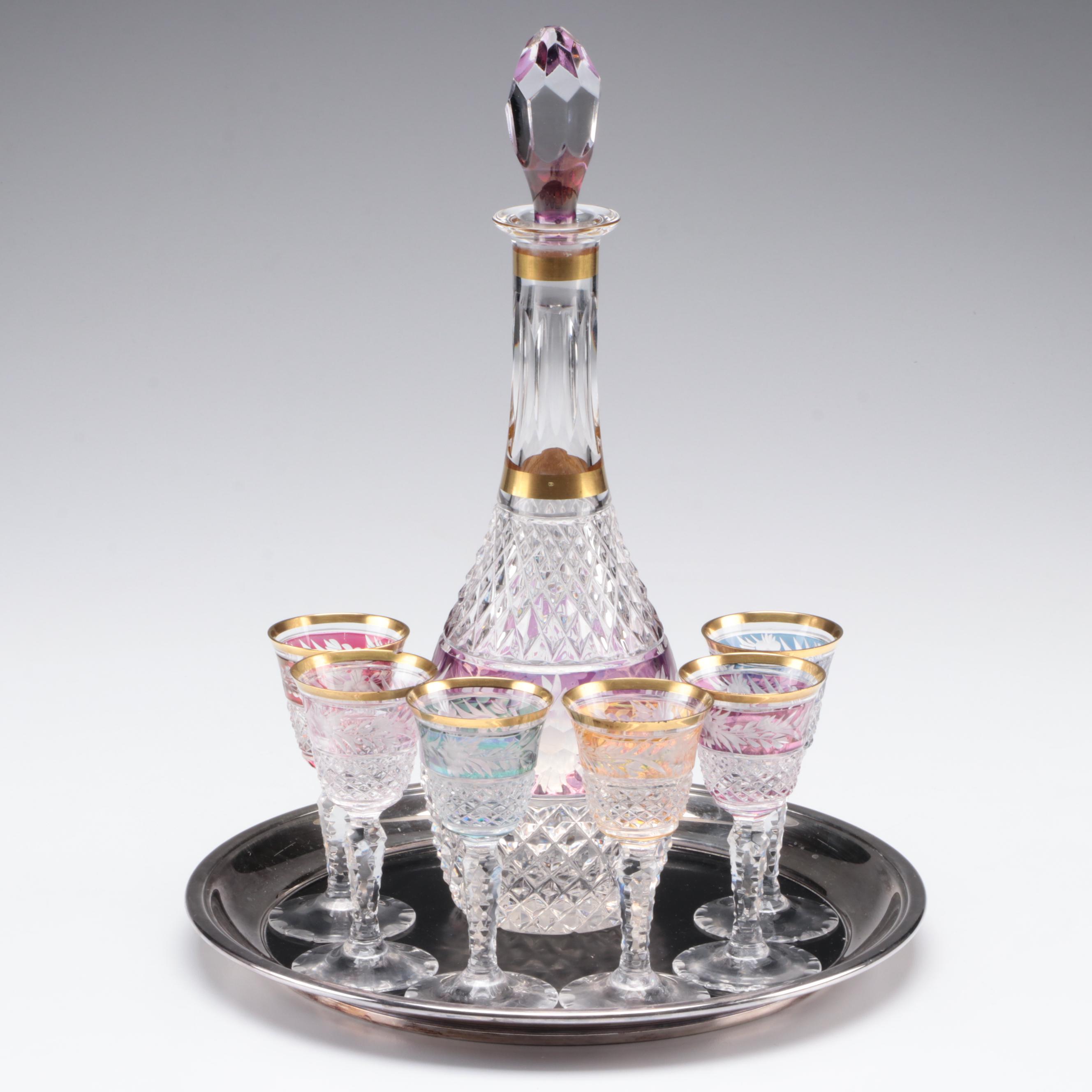 Ebeling & Reuss Cut to Clear Crystal Decanter and Cordial Glasses with Tray