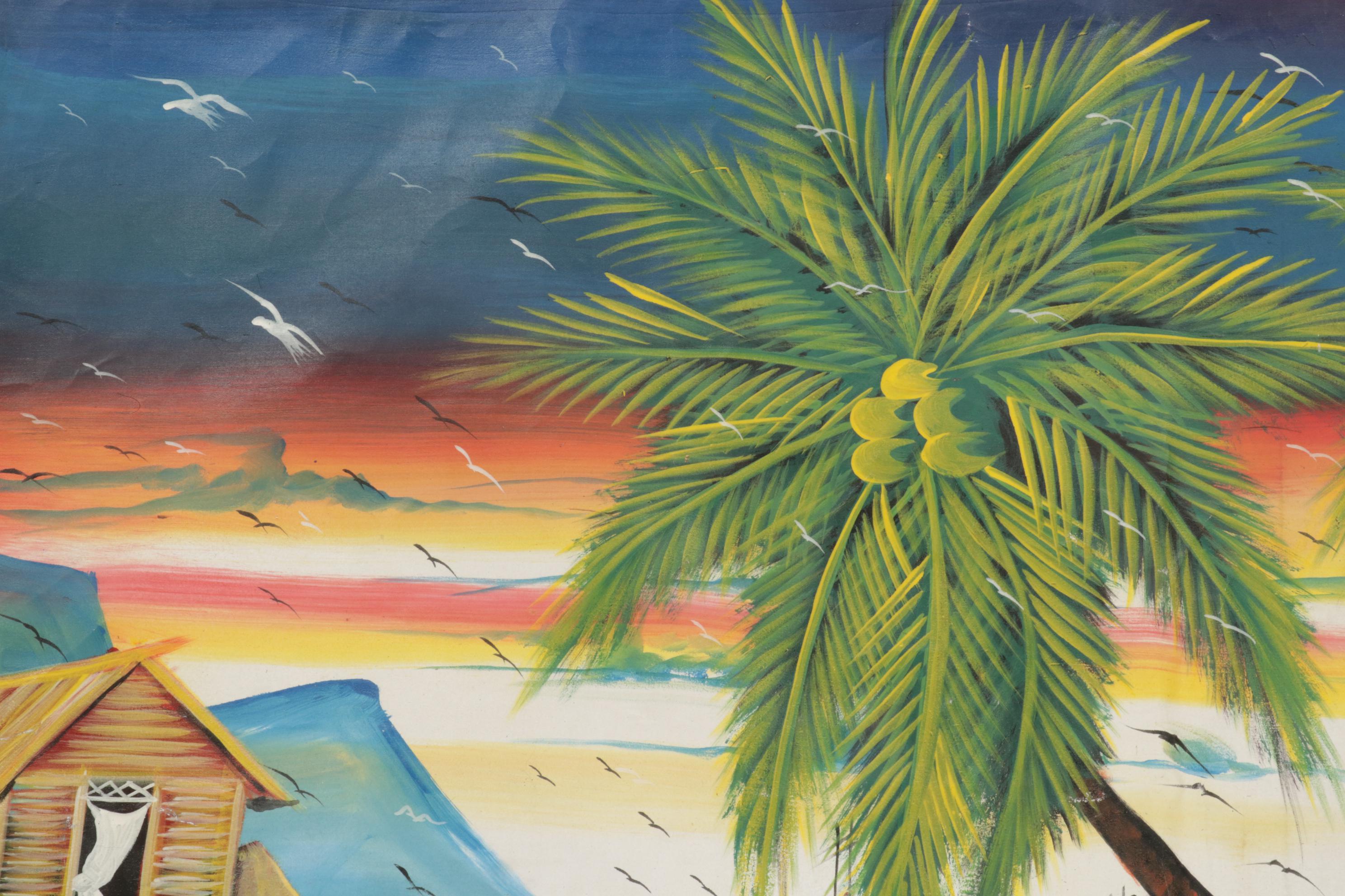 Haitian Folk Art Acrylic Painting of Coastal Village Scene