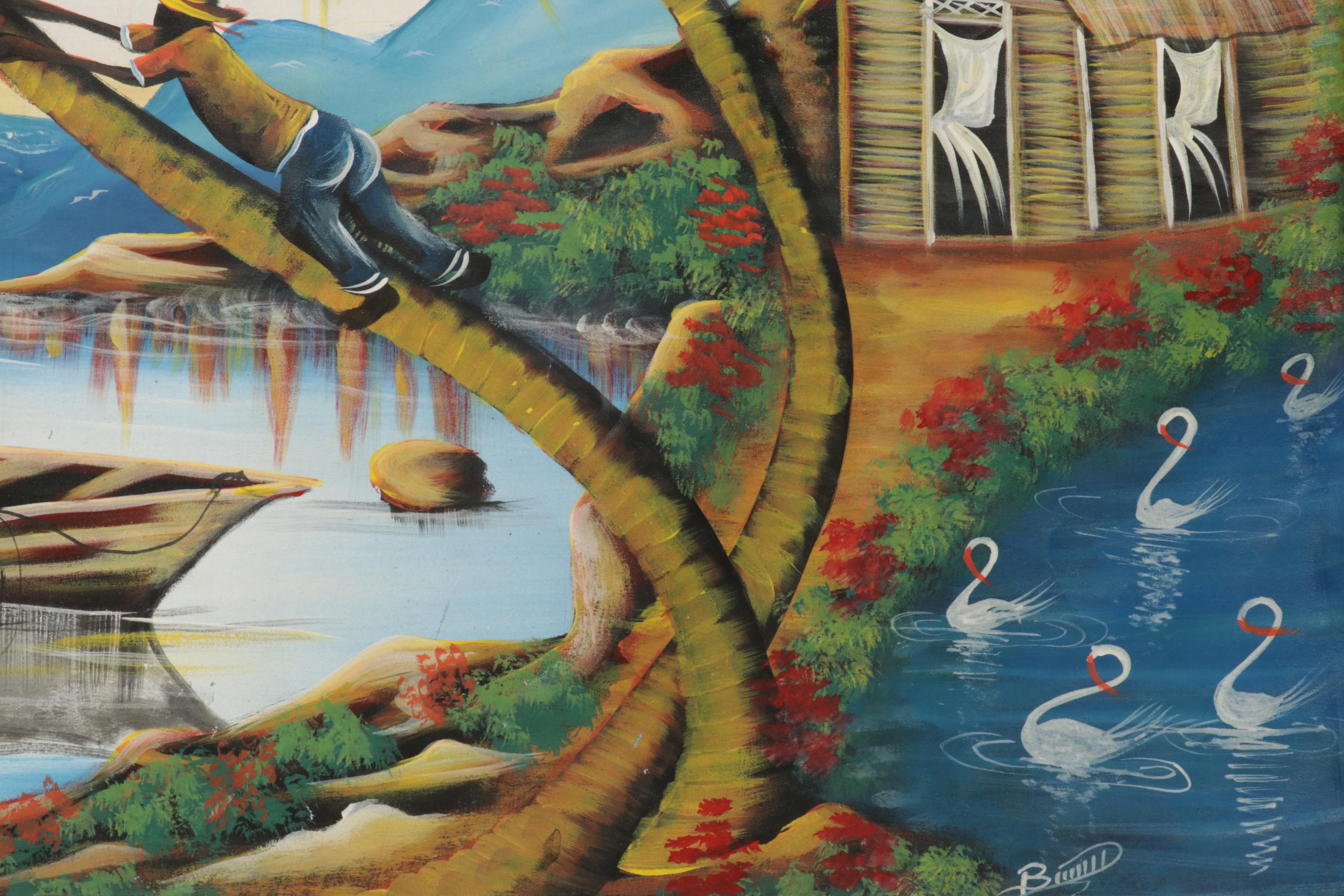 Haitian Folk Art Acrylic Painting of Coastal Village Scene