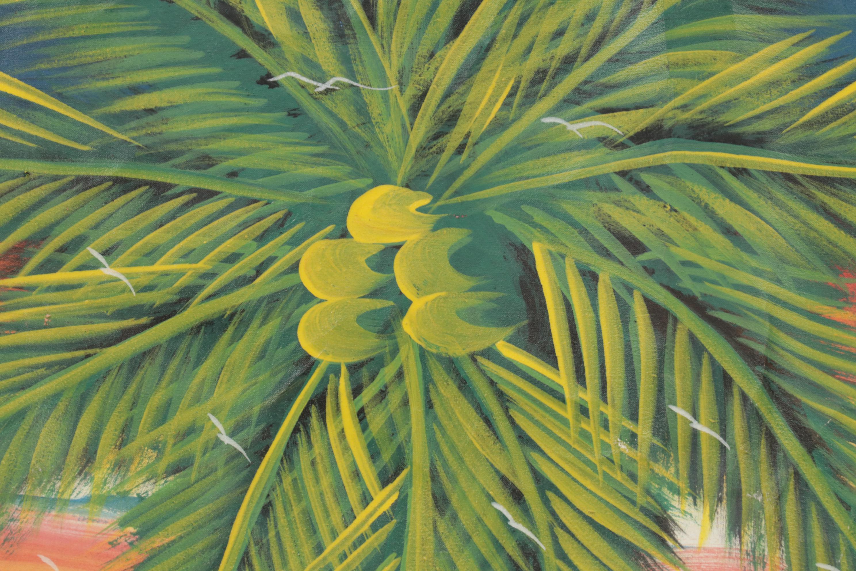 Haitian Folk Art Acrylic Painting of Coastal Village Scene