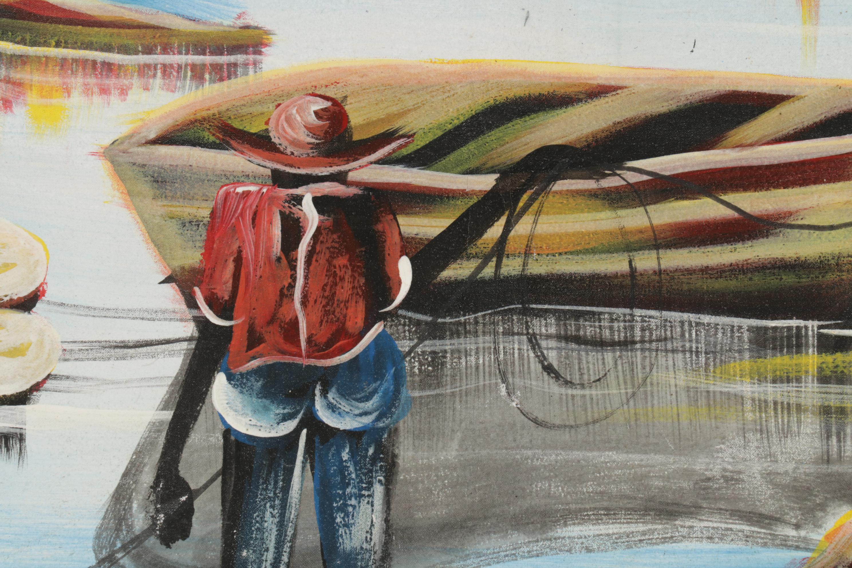 Haitian Folk Art Acrylic Painting of Coastal Village Scene