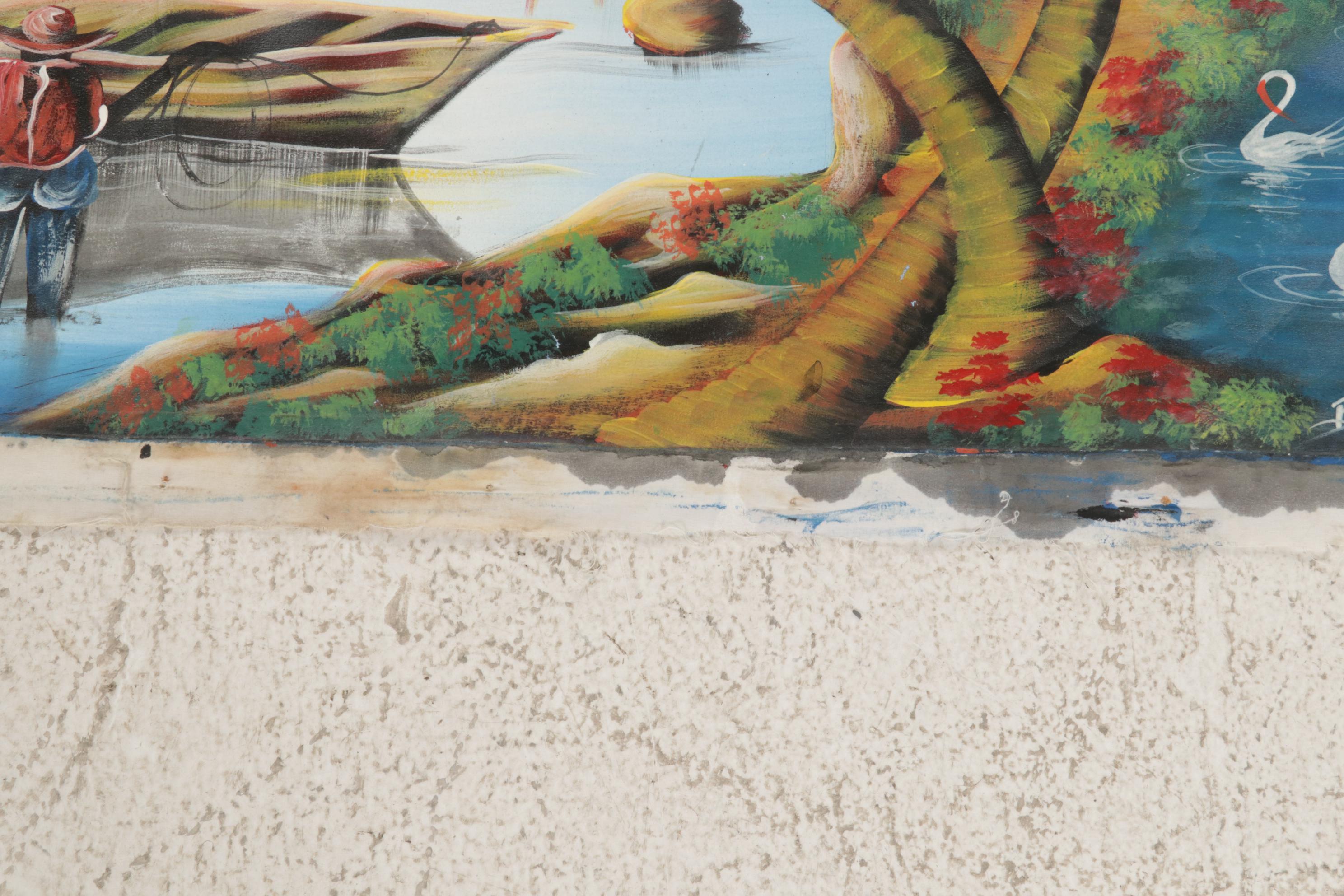 Haitian Folk Art Acrylic Painting of Coastal Village Scene