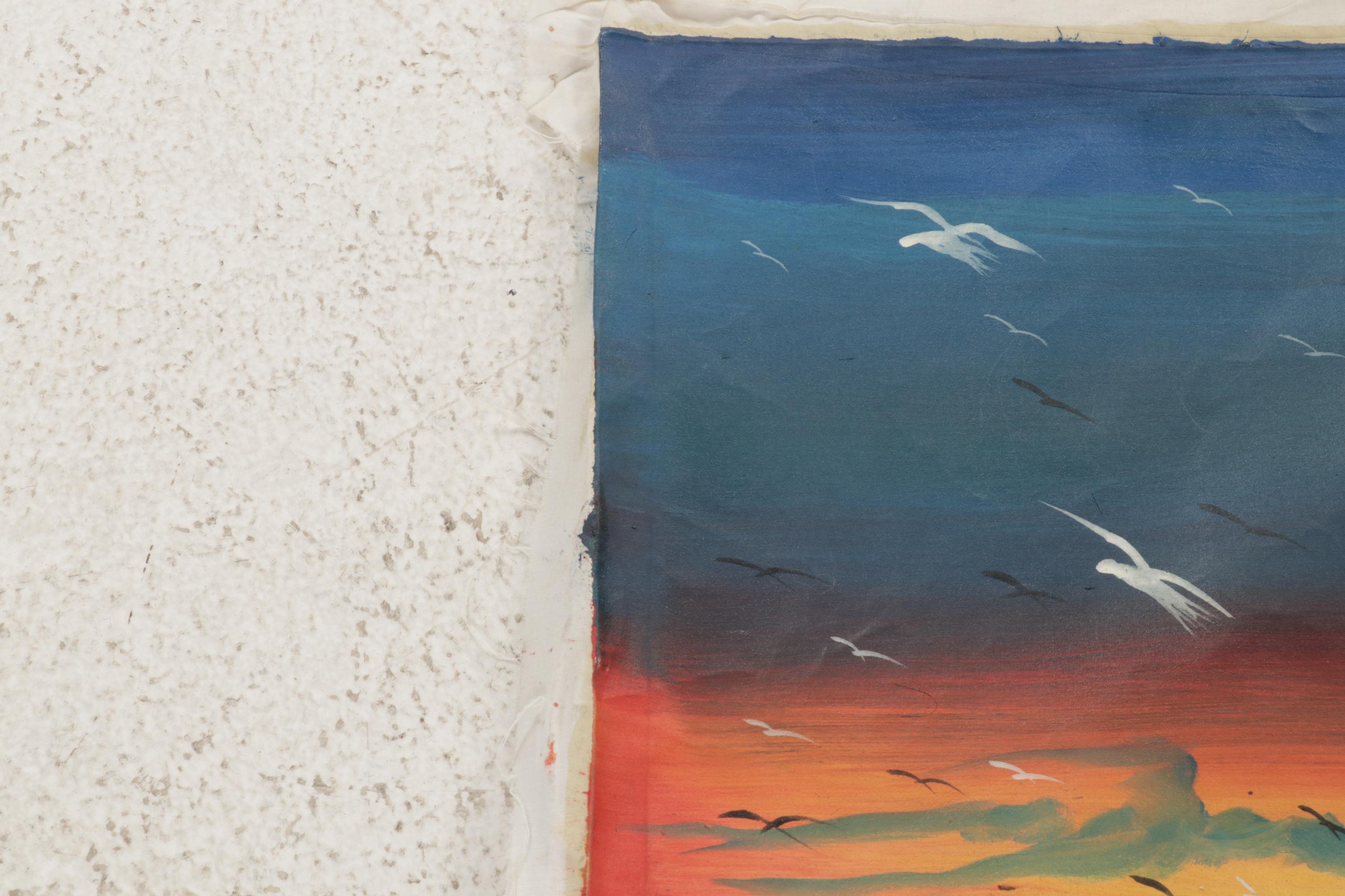 Haitian Folk Art Acrylic Painting of Coastal Village Scene