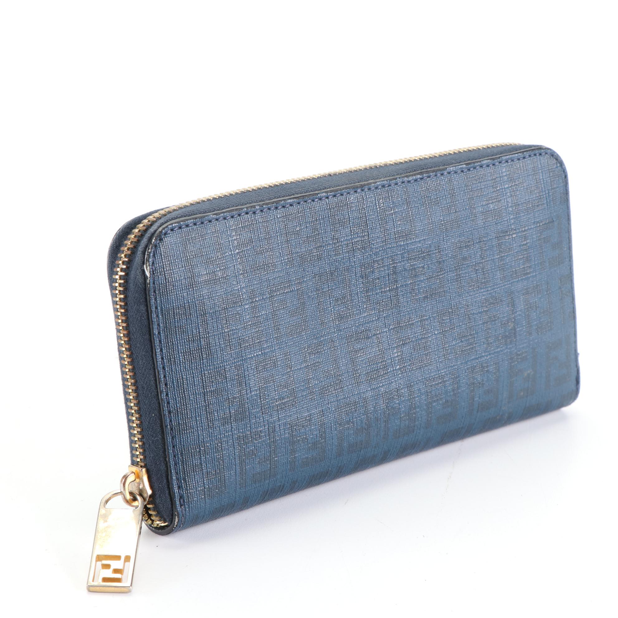Fendi Zip Around Wallet in Blue Zucca Coated Canvas