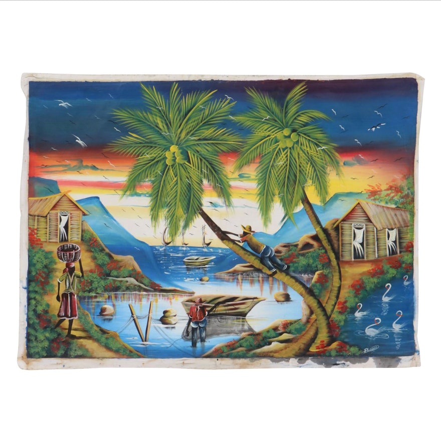 Haitian Folk Art Acrylic Painting of Coastal Village Scene