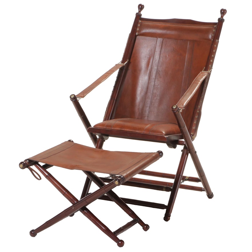 Palecek National Geographic Leather and Wood Campaign Chair and Ottoman