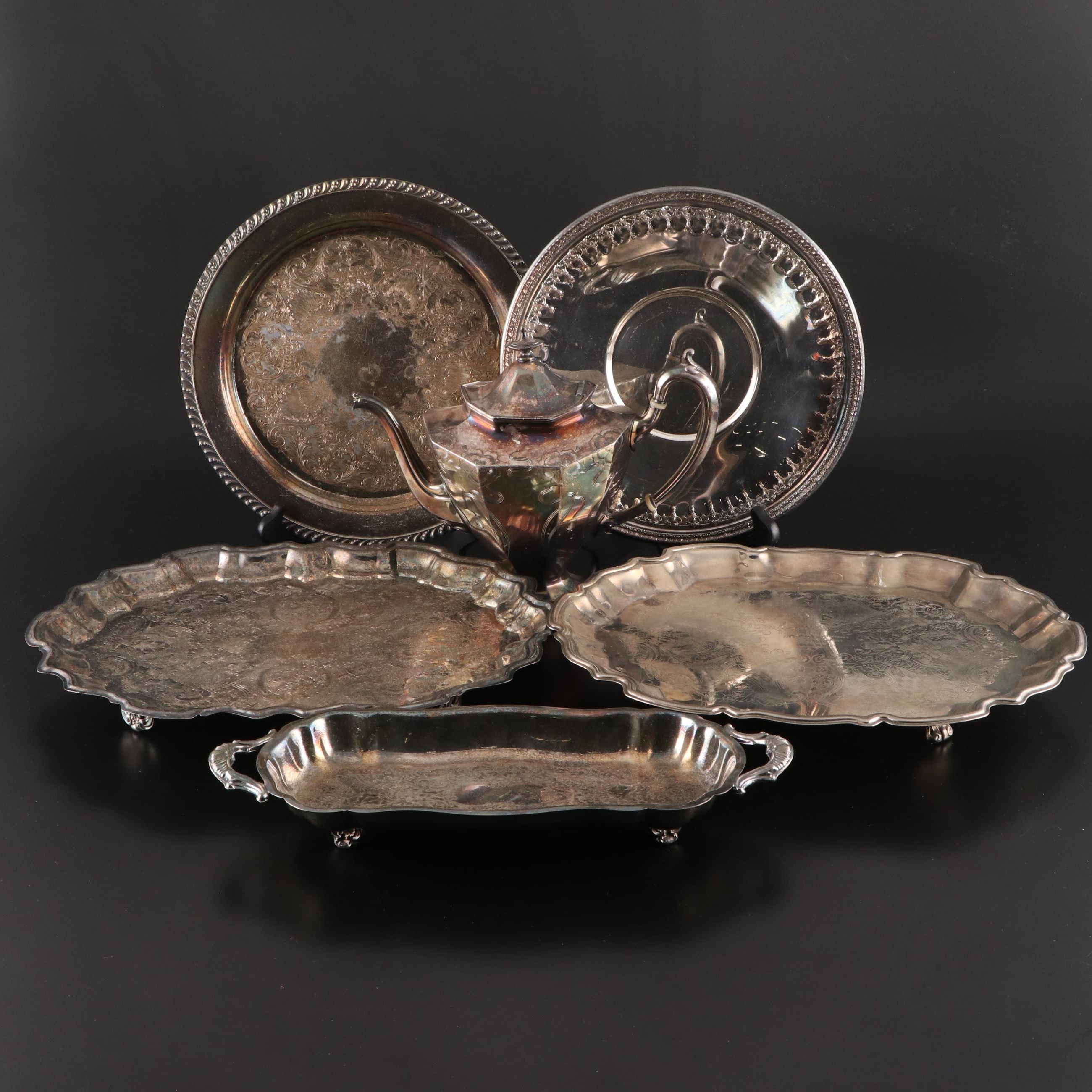 Reed & Barton Art Nouveau Silver Plate Engraved Teapot with Silver Plate Trays