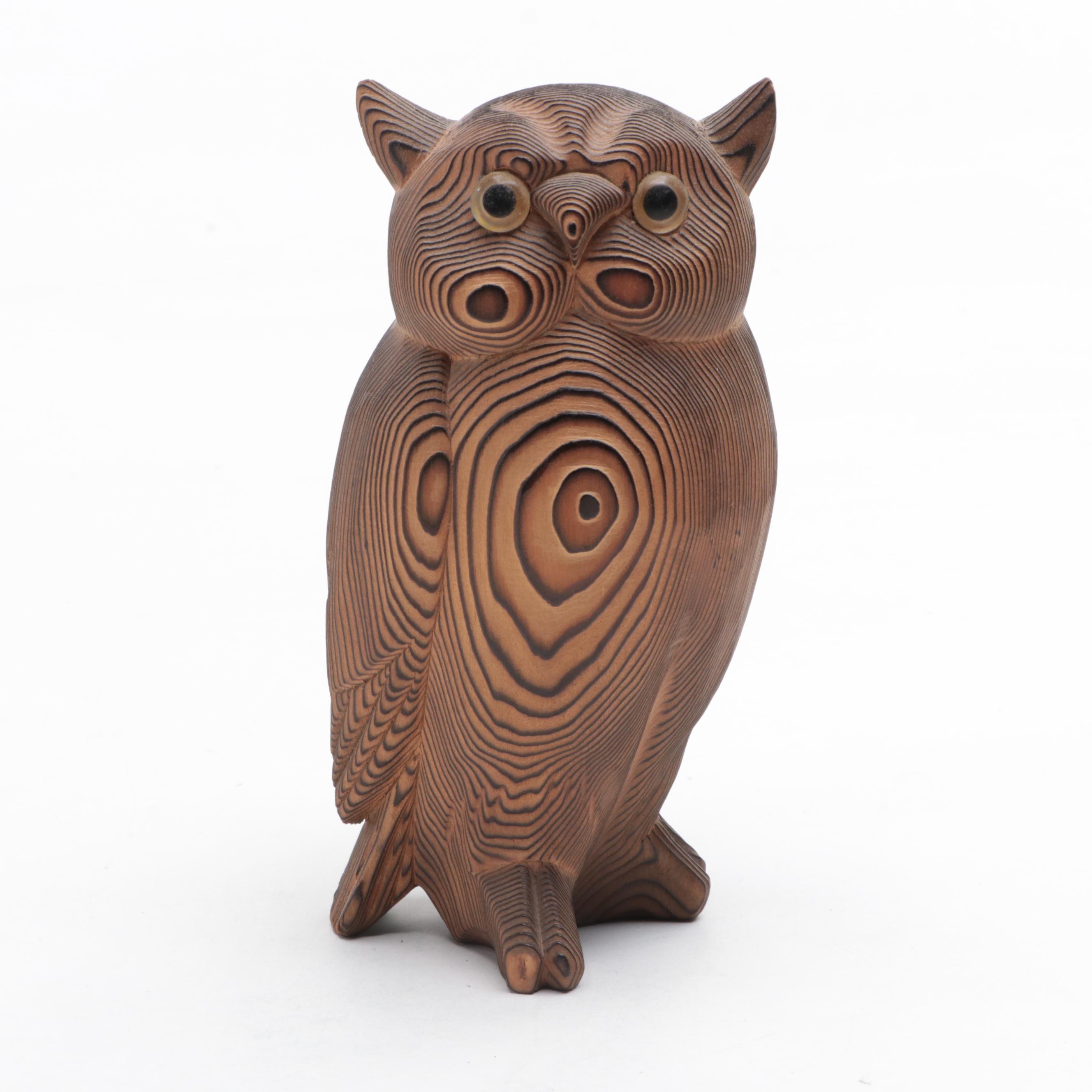 Hand-Carved and Painted Wooden Owl Figurines