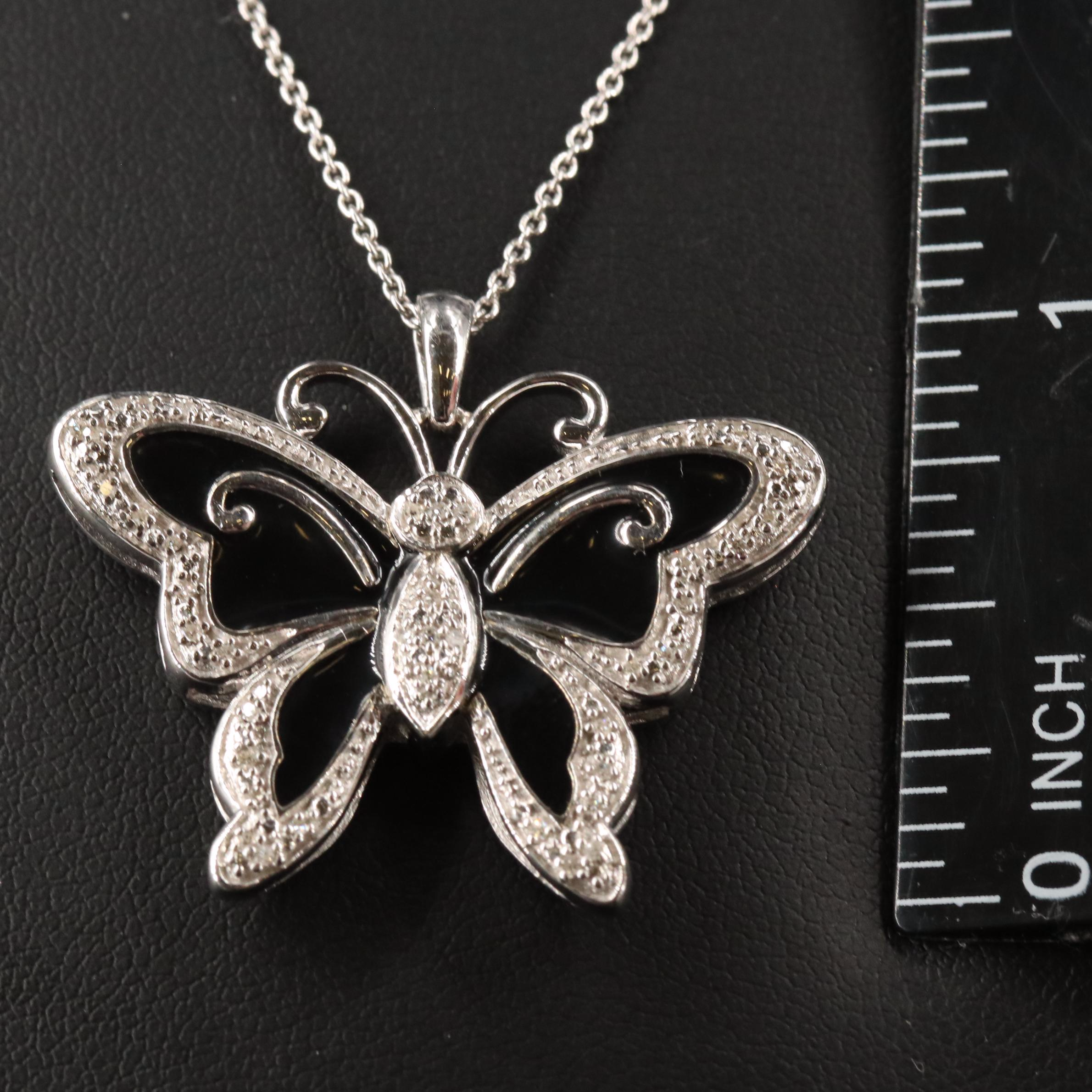 Sterling Diamond and Enamel Butterfly Pendant Necklace