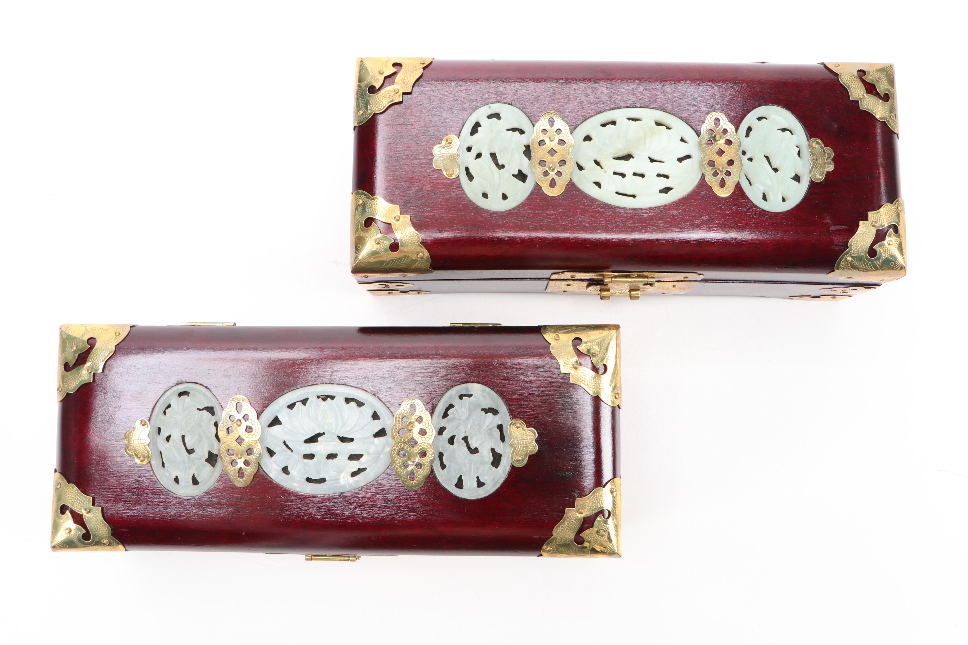 Chinese Carved Serpentine Inlaid Brass Mounted Boxes with Brass Locks