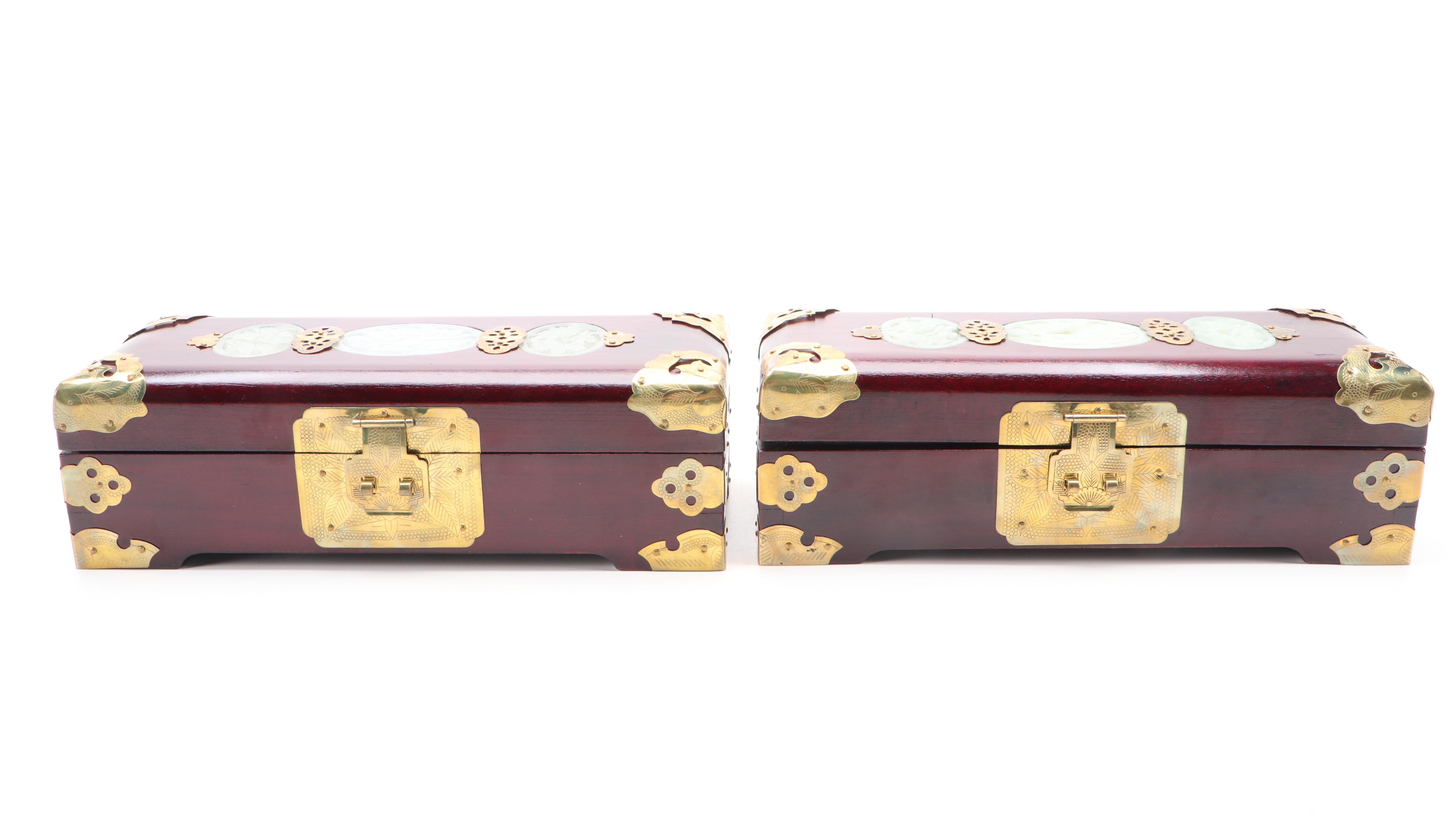 Chinese Carved Serpentine Inlaid Brass Mounted Boxes with Brass Locks