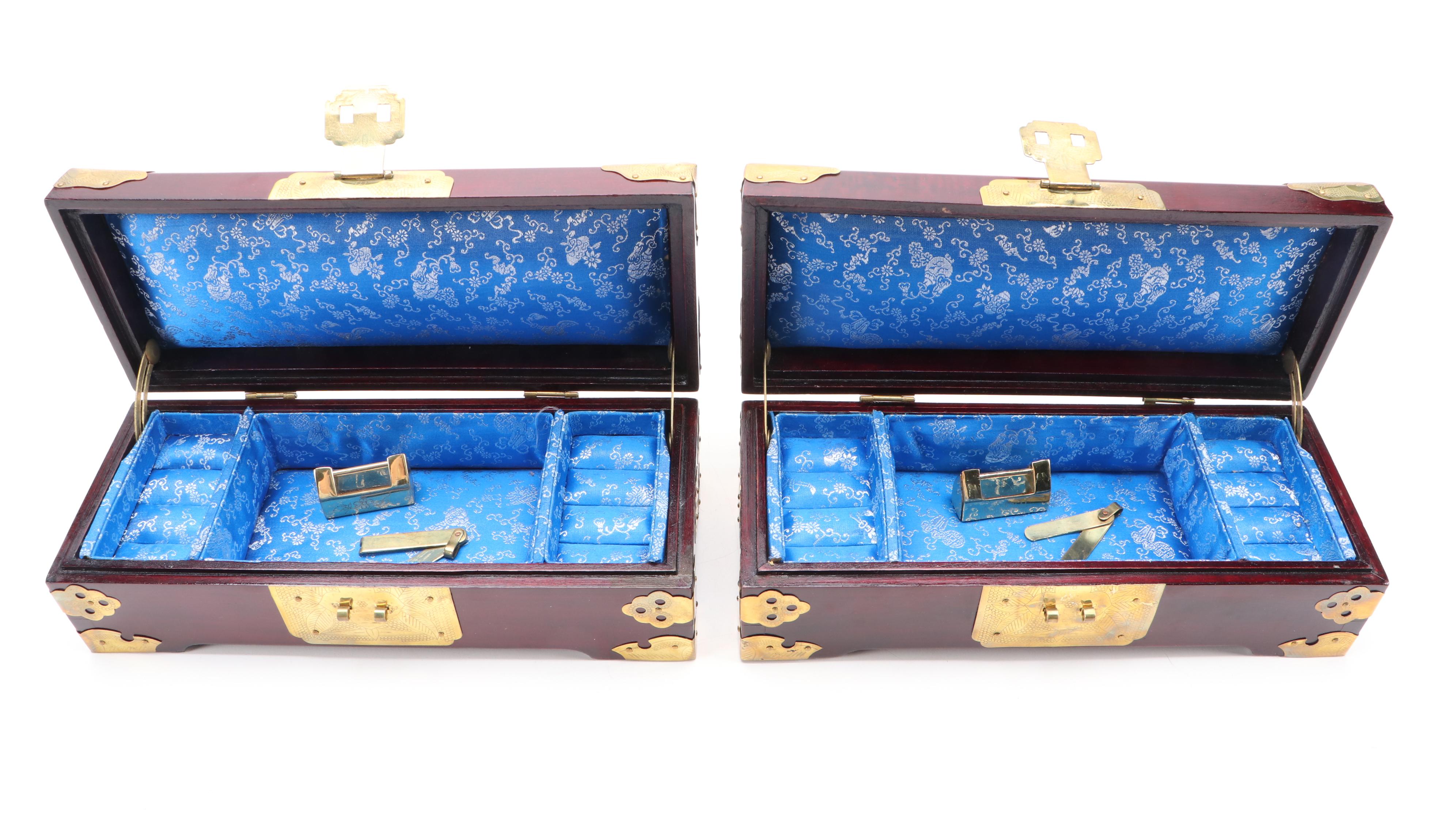 Chinese Carved Serpentine Inlaid Brass Mounted Boxes with Brass Locks