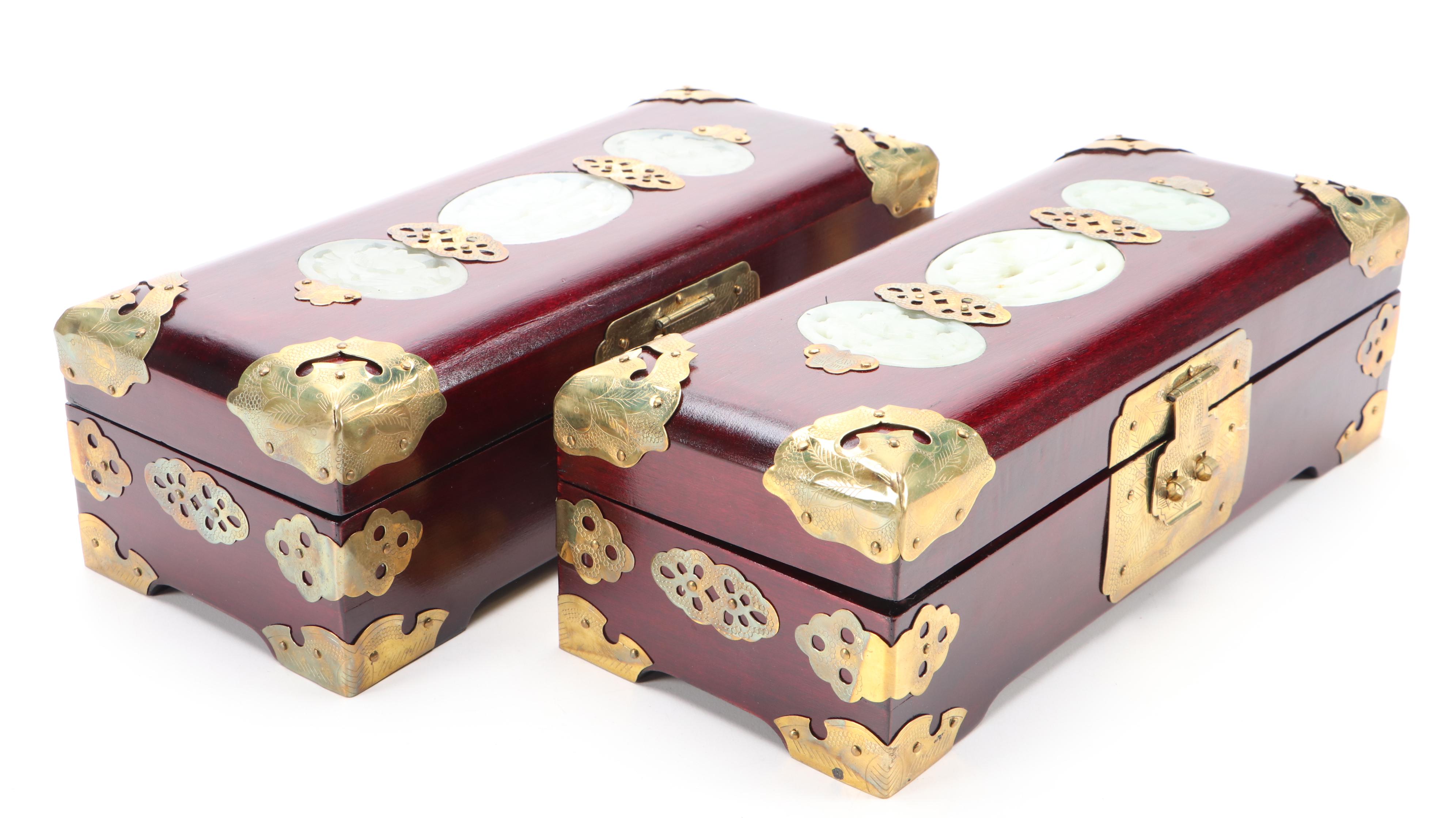 Chinese Carved Serpentine Inlaid Brass Mounted Boxes with Brass Locks