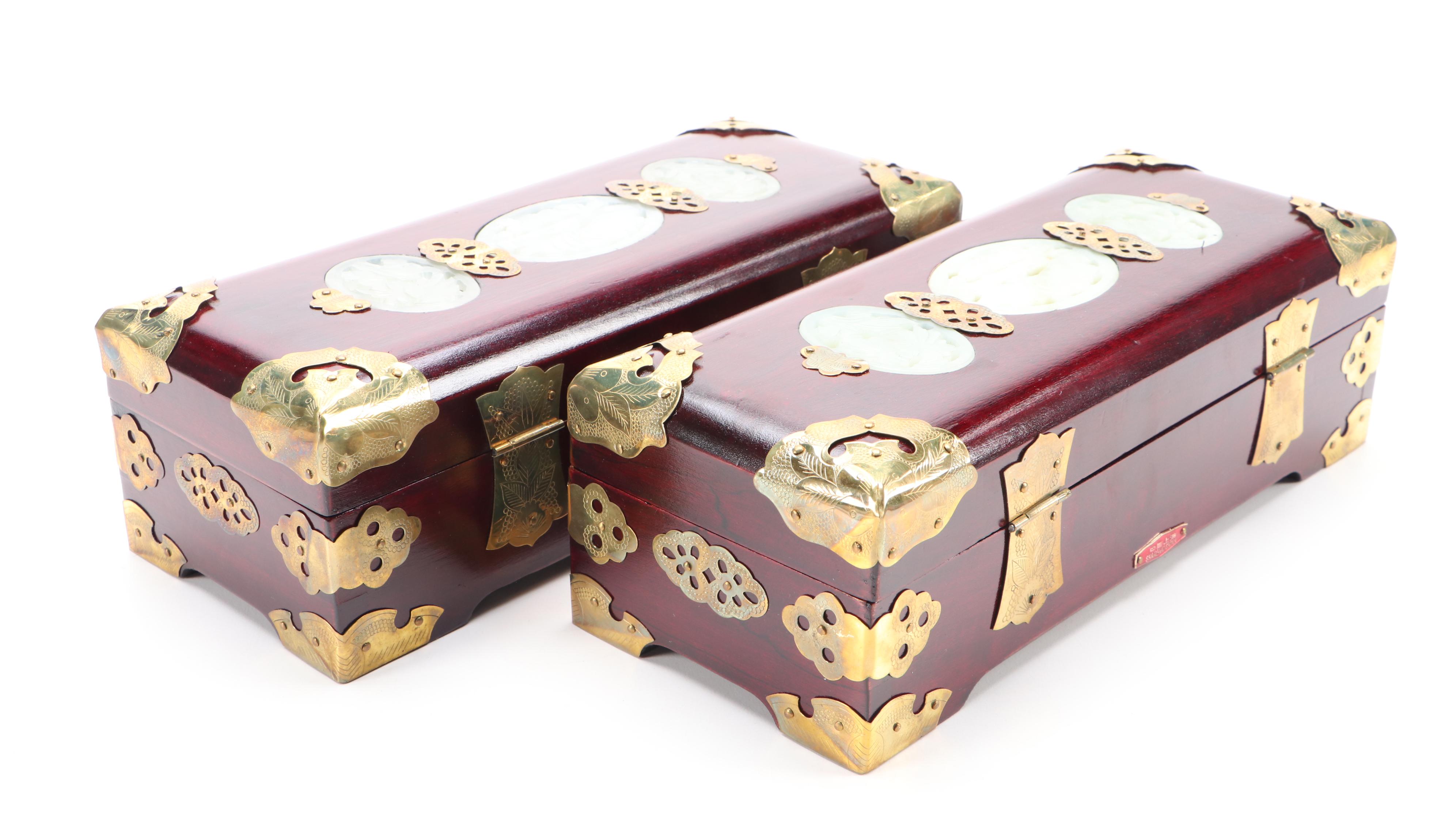 Chinese Carved Serpentine Inlaid Brass Mounted Boxes with Brass Locks