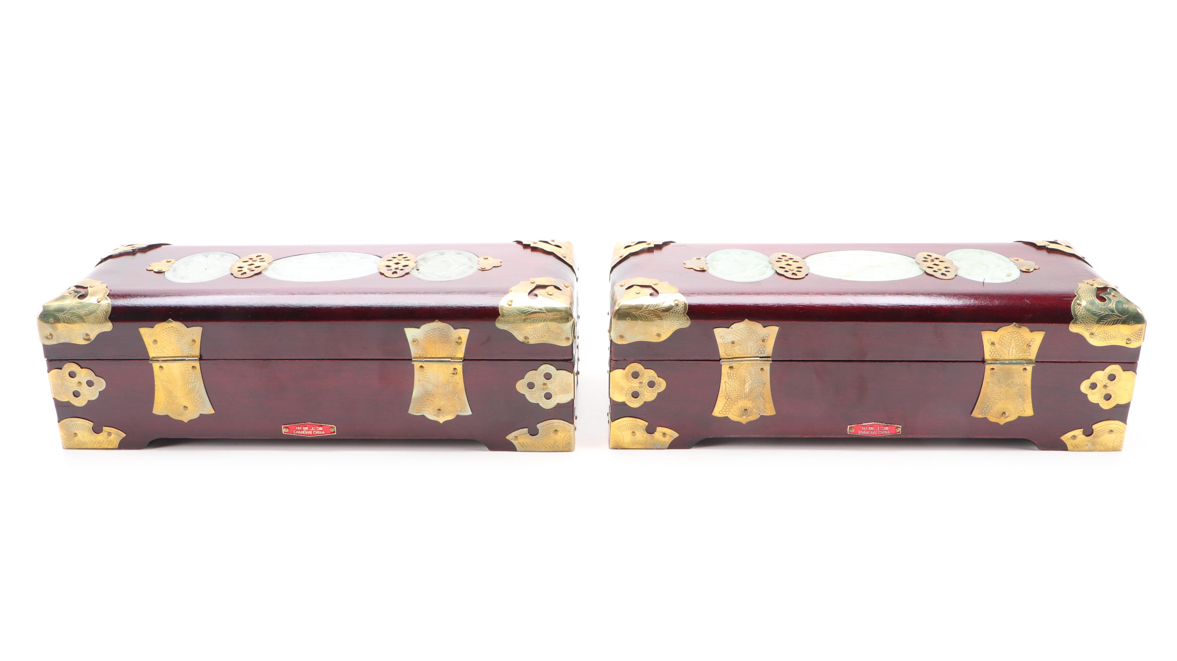 Chinese Carved Serpentine Inlaid Brass Mounted Boxes with Brass Locks