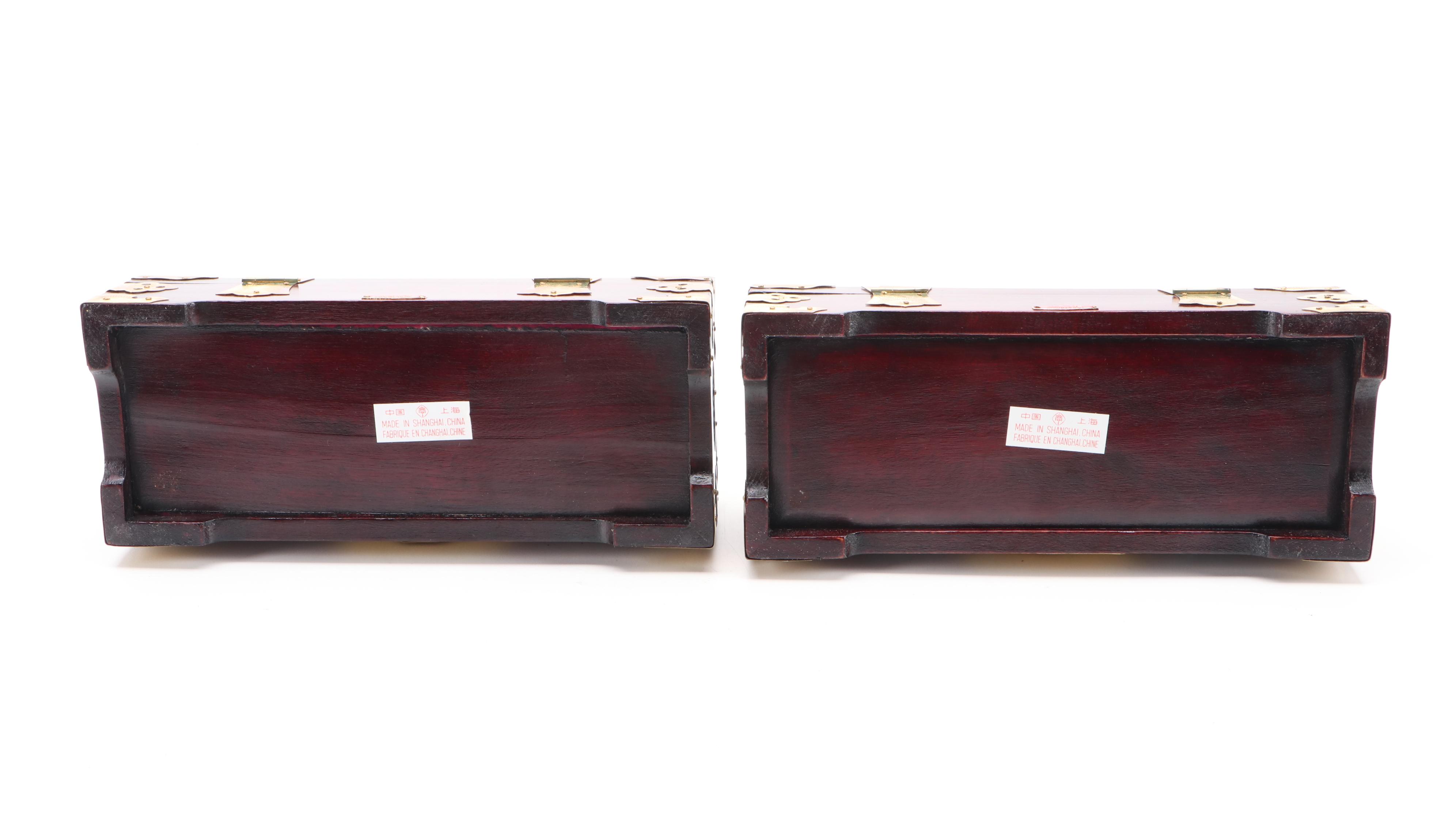 Chinese Carved Serpentine Inlaid Brass Mounted Boxes with Brass Locks
