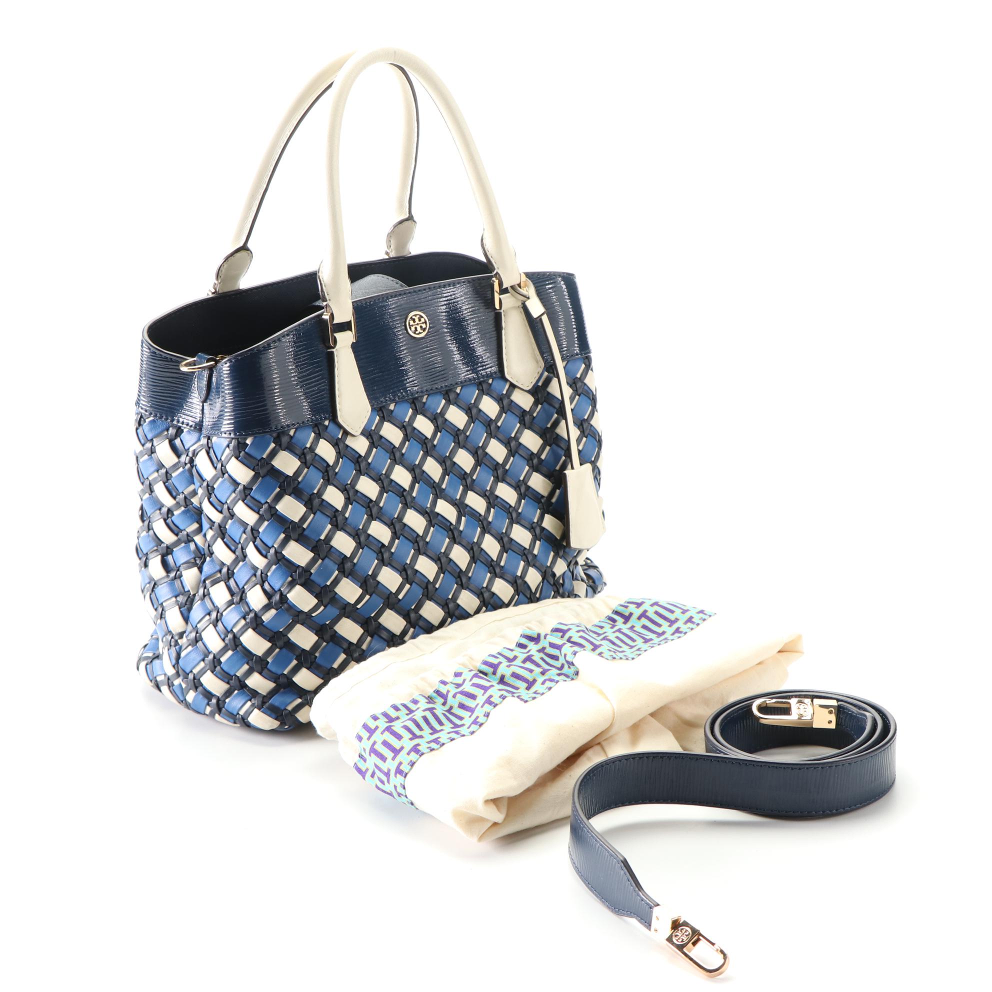 Tory Burch Robinson Tote in Woven, Textured, and Smooth Leather