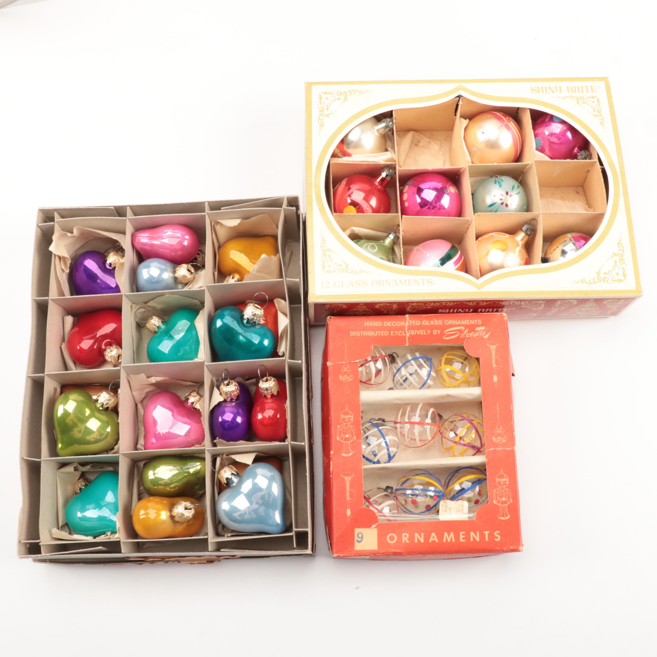 Shiny Brite and Other Blown Glass Ornaments with Miniature Figurines and More