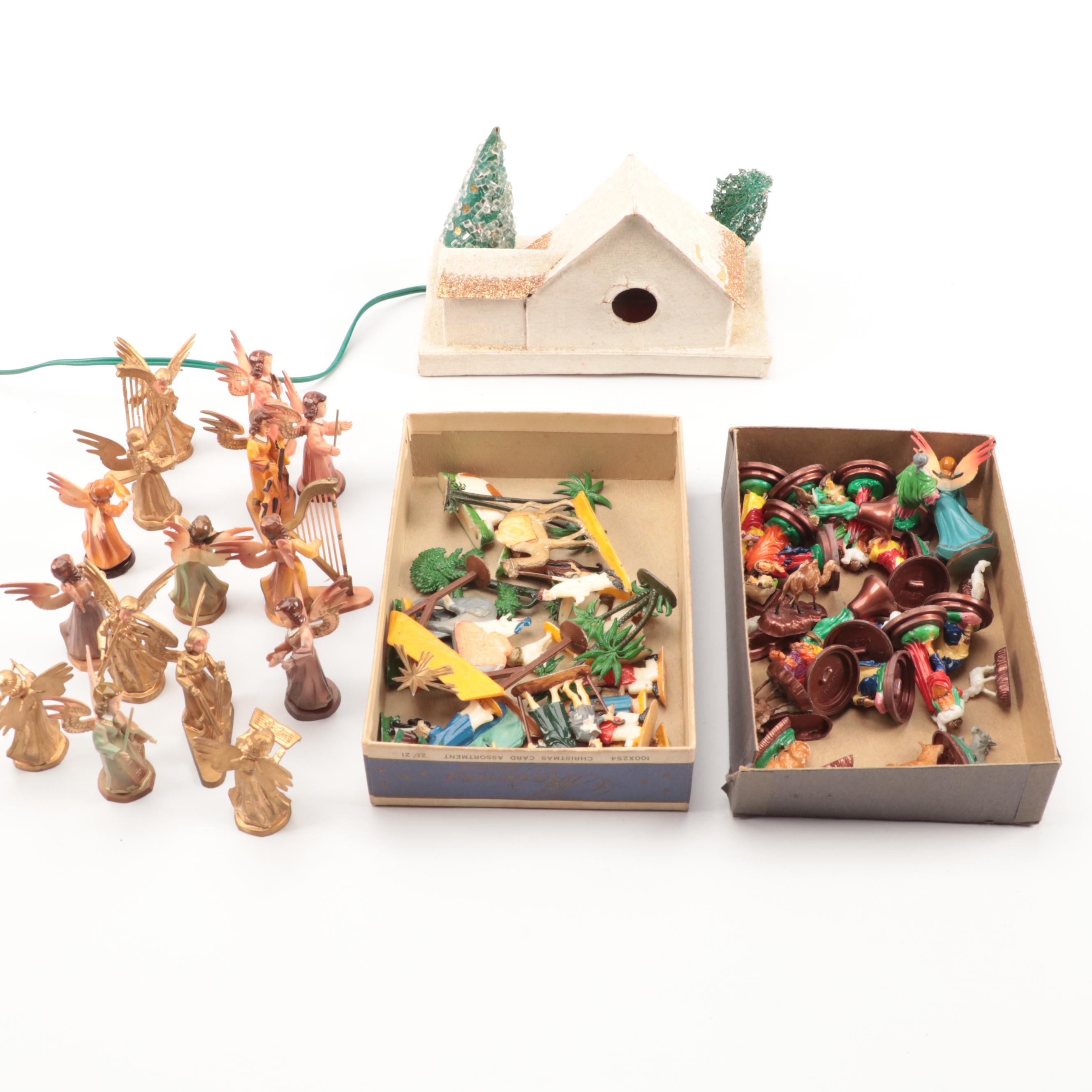 Shiny Brite and Other Blown Glass Ornaments with Miniature Figurines and More