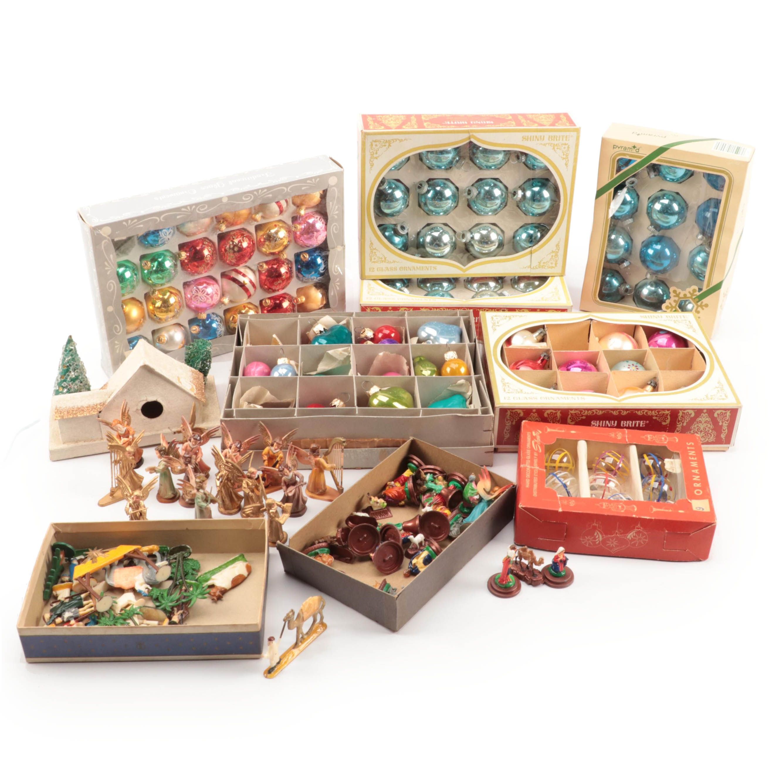 Shiny Brite and Other Blown Glass Ornaments with Miniature Figurines and More