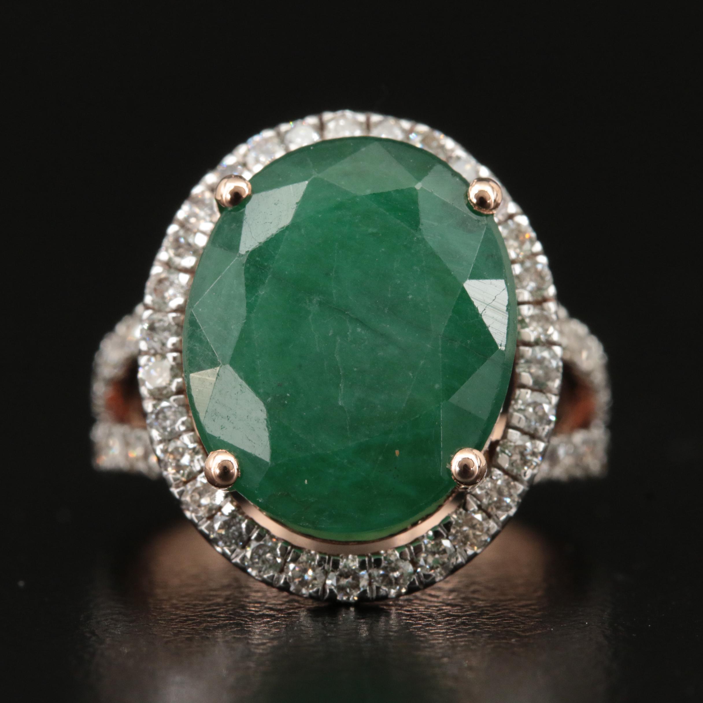 14K Rose Gold 8.29 Emerald and 1.50 CTW Halo Ring