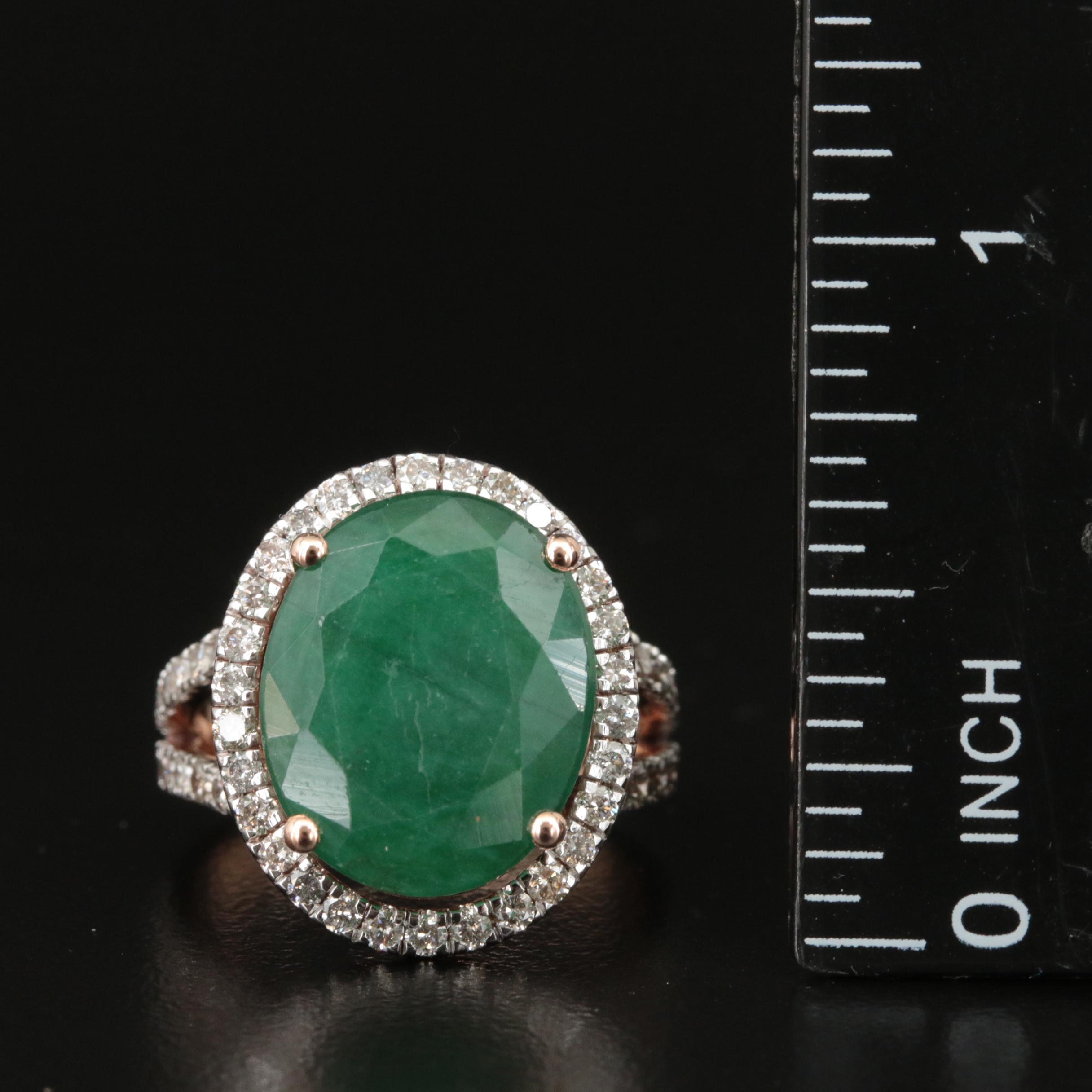 14K Rose Gold 8.29 Emerald and 1.50 CTW Halo Ring