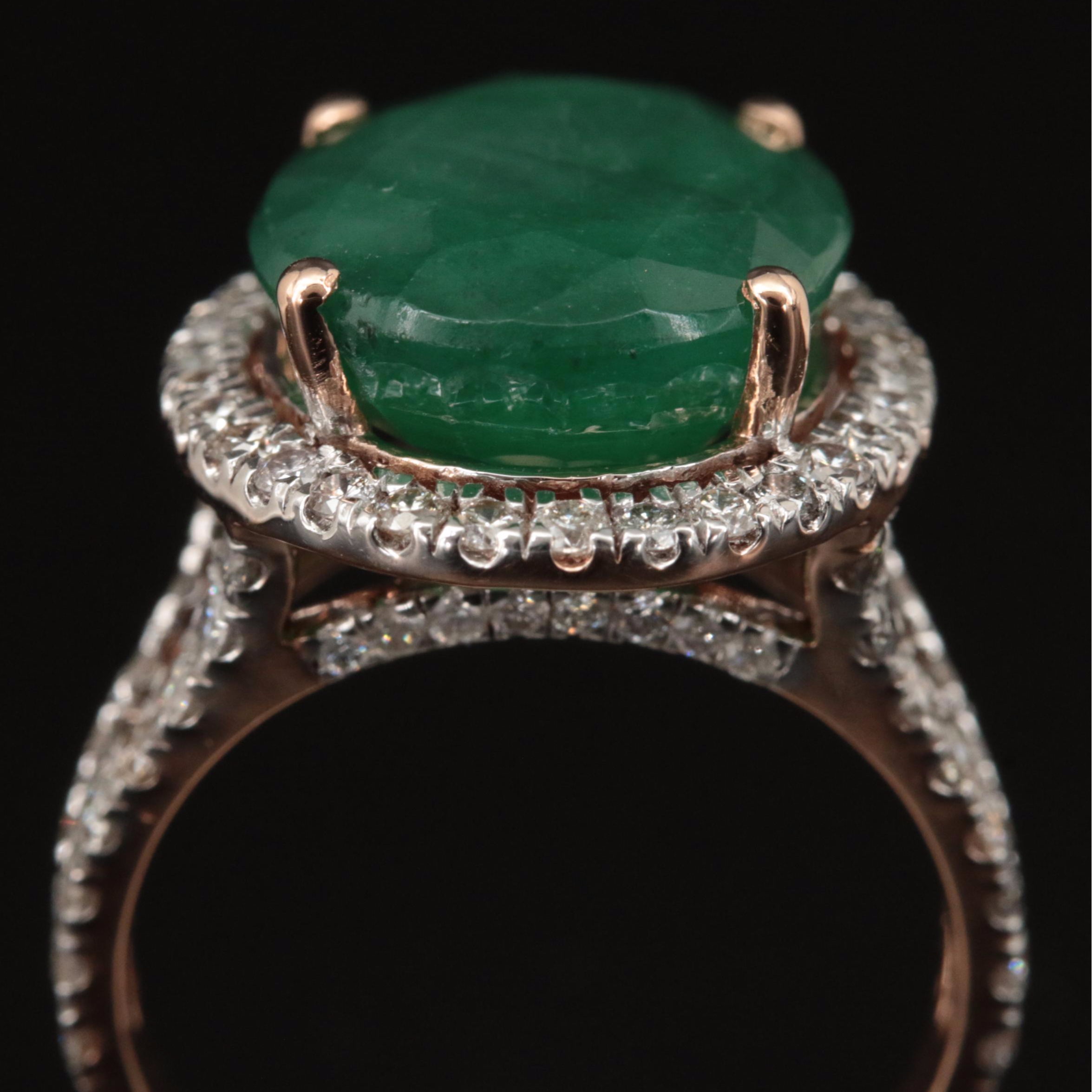 14K Rose Gold 8.29 Emerald and 1.50 CTW Halo Ring