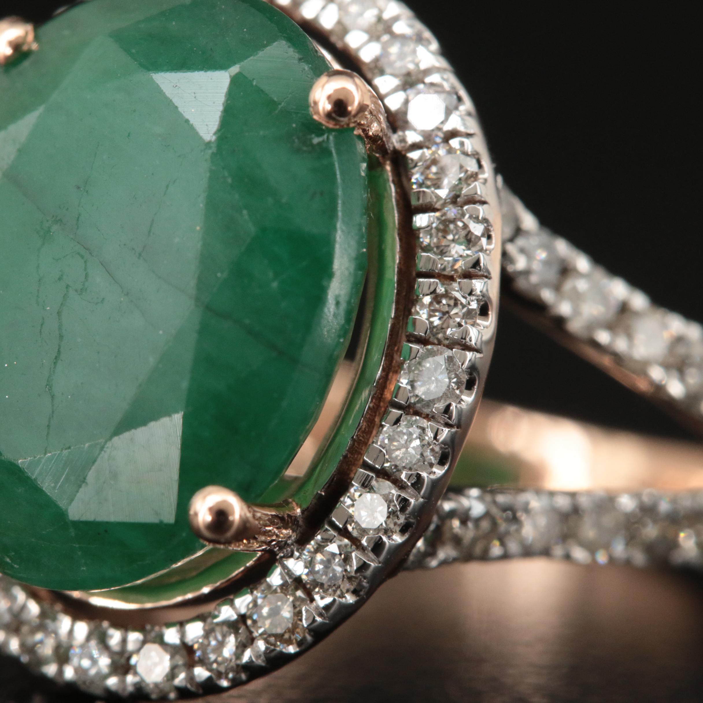 14K Rose Gold 8.29 Emerald and 1.50 CTW Halo Ring