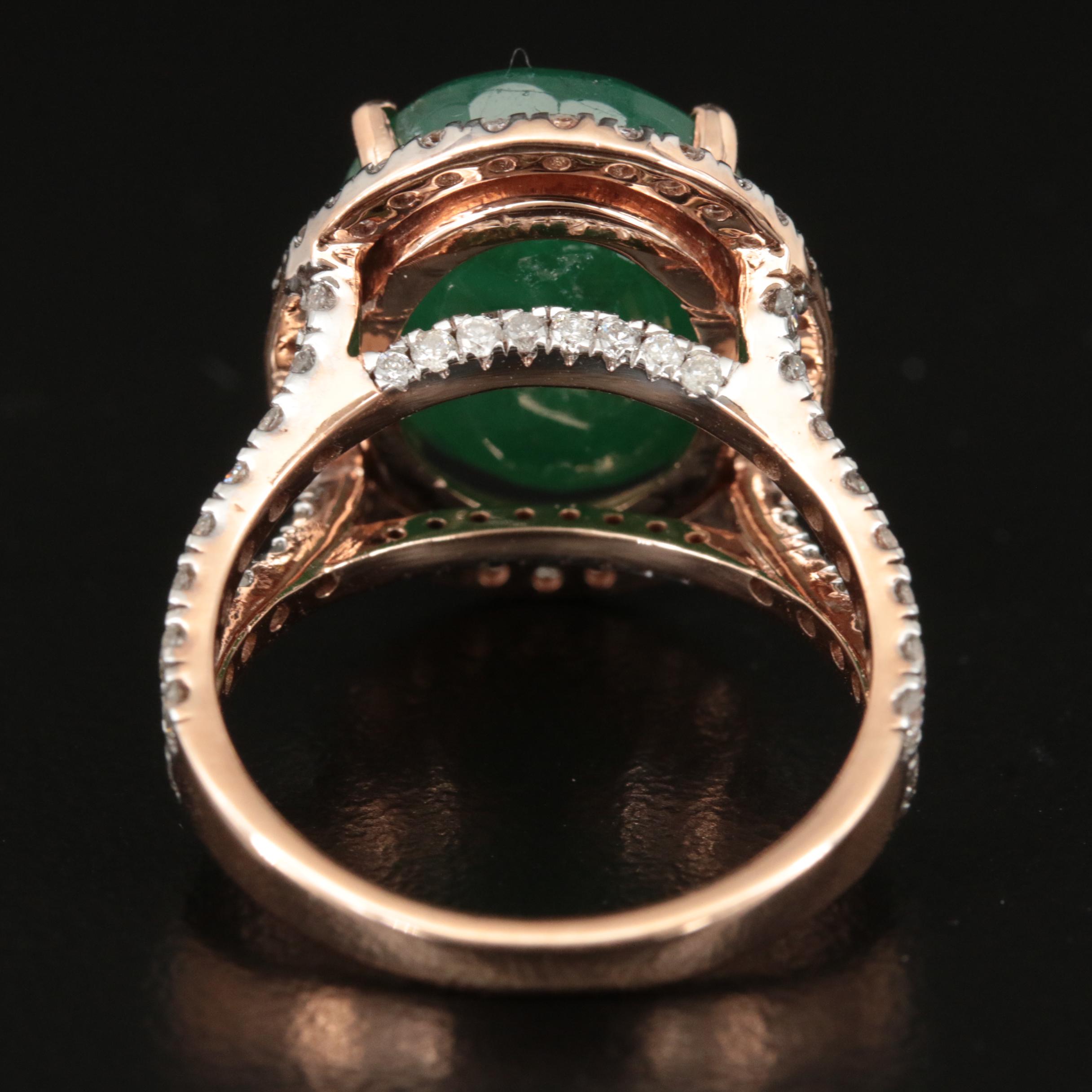 14K Rose Gold 8.29 Emerald and 1.50 CTW Halo Ring