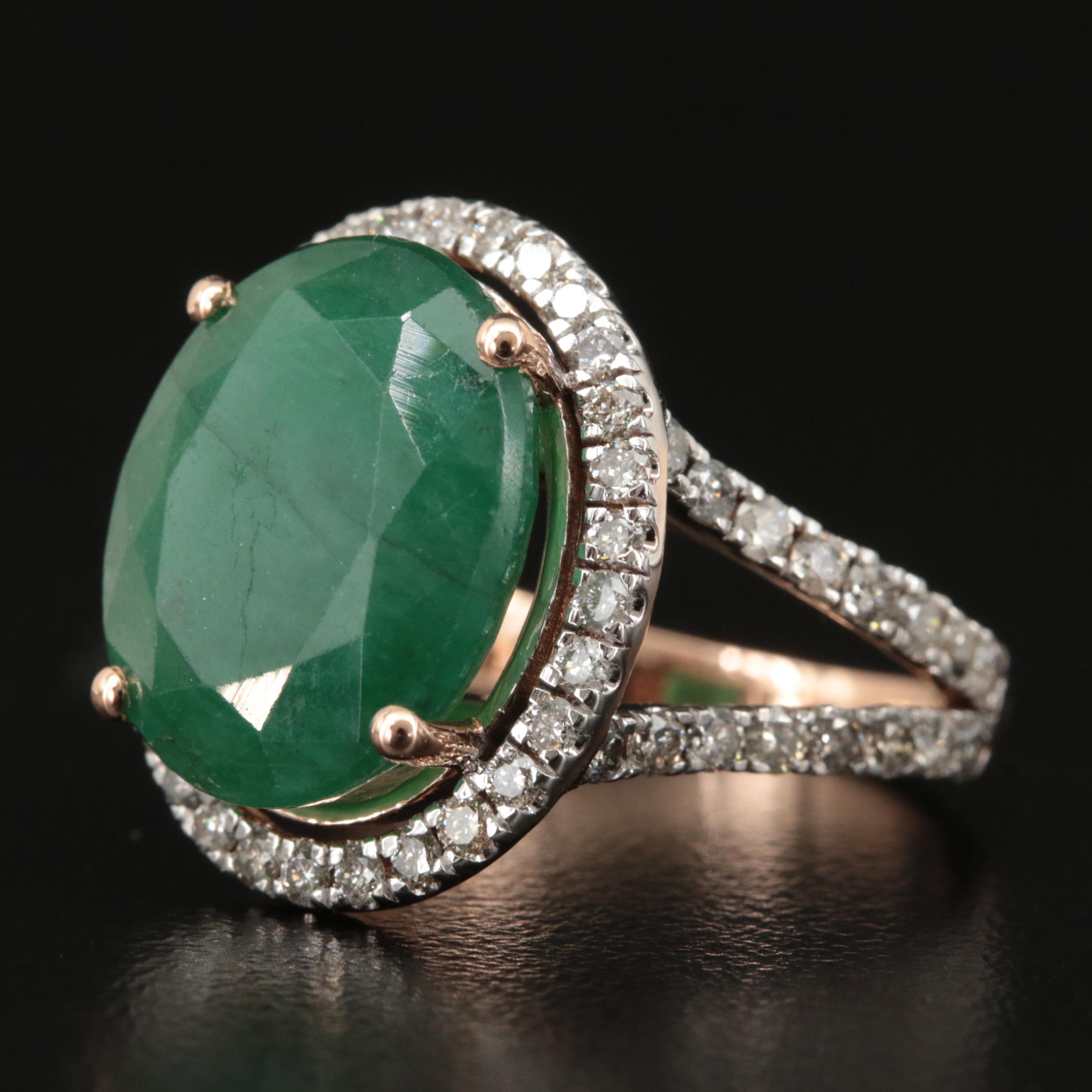 14K Rose Gold 8.29 Emerald and 1.50 CTW Halo Ring