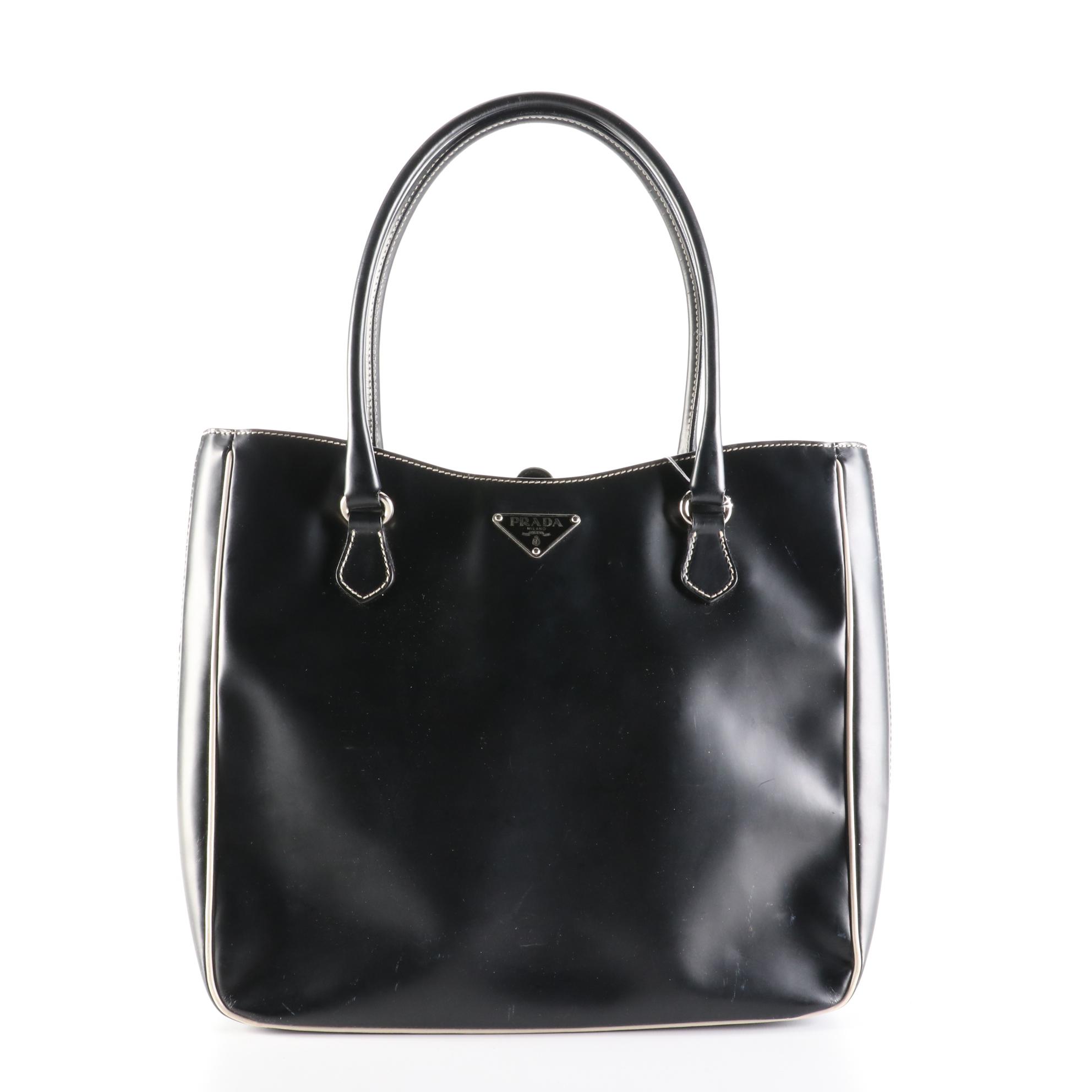 Prada Tote Bag in Black with Off-White Piping and Contrast Stitching
