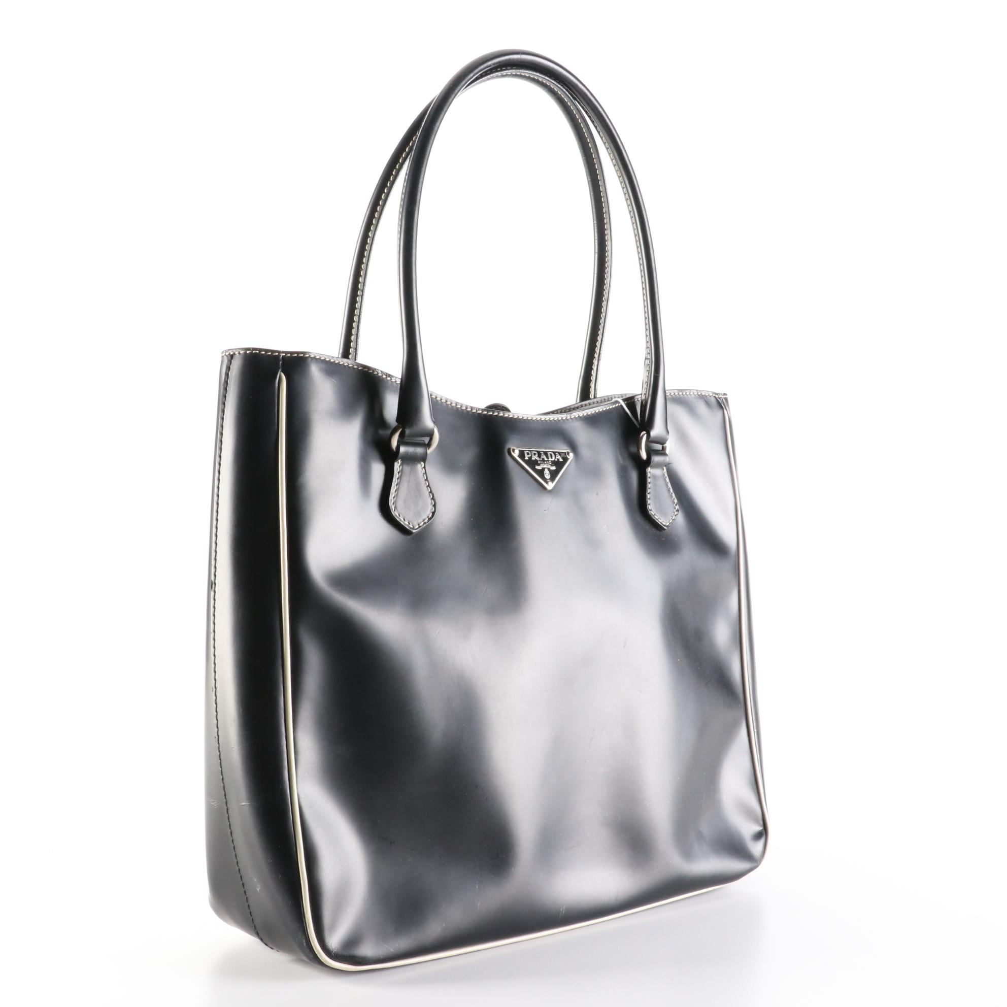 Prada Tote Bag in Black with Off-White Piping and Contrast Stitching