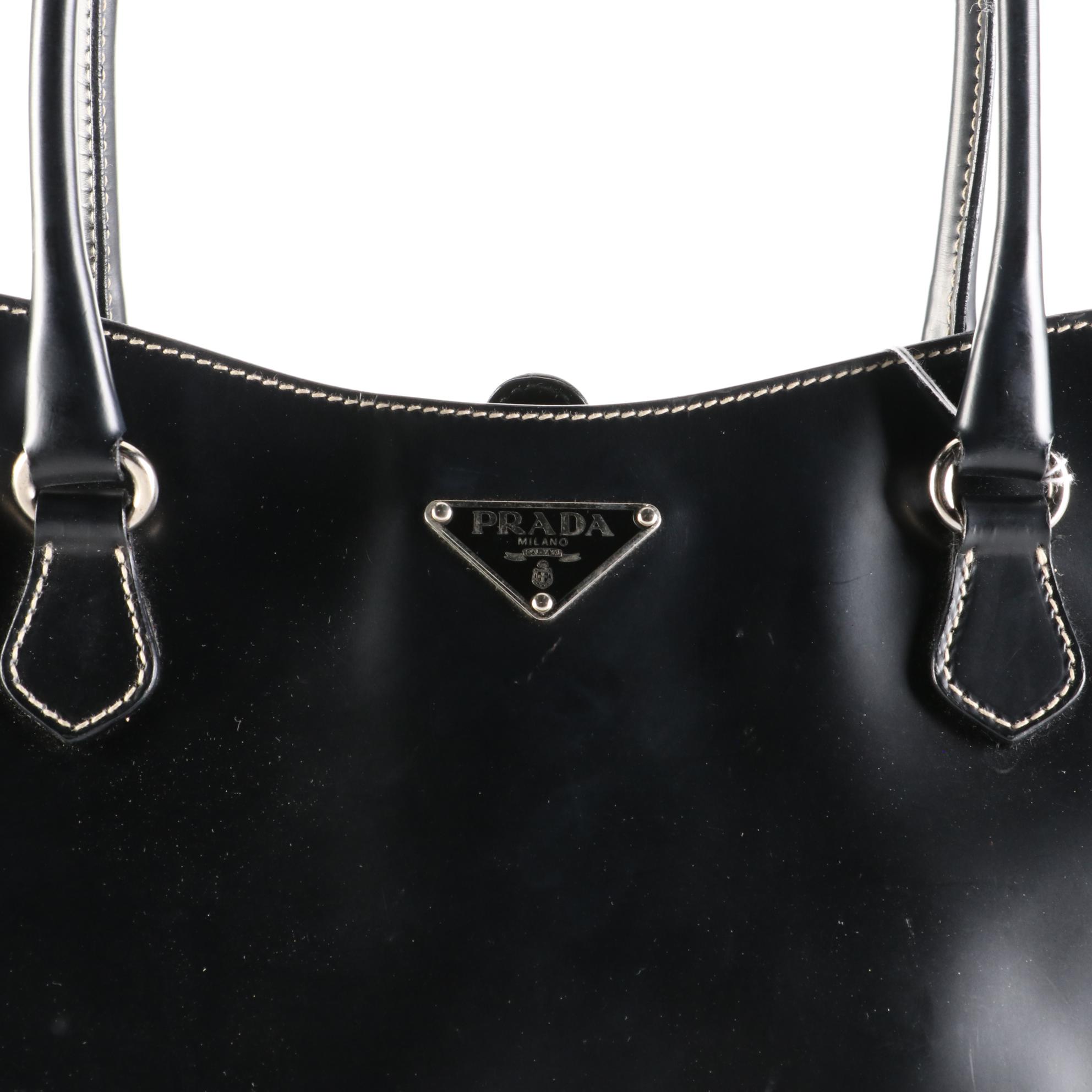 Prada Tote Bag in Black with Off-White Piping and Contrast Stitching
