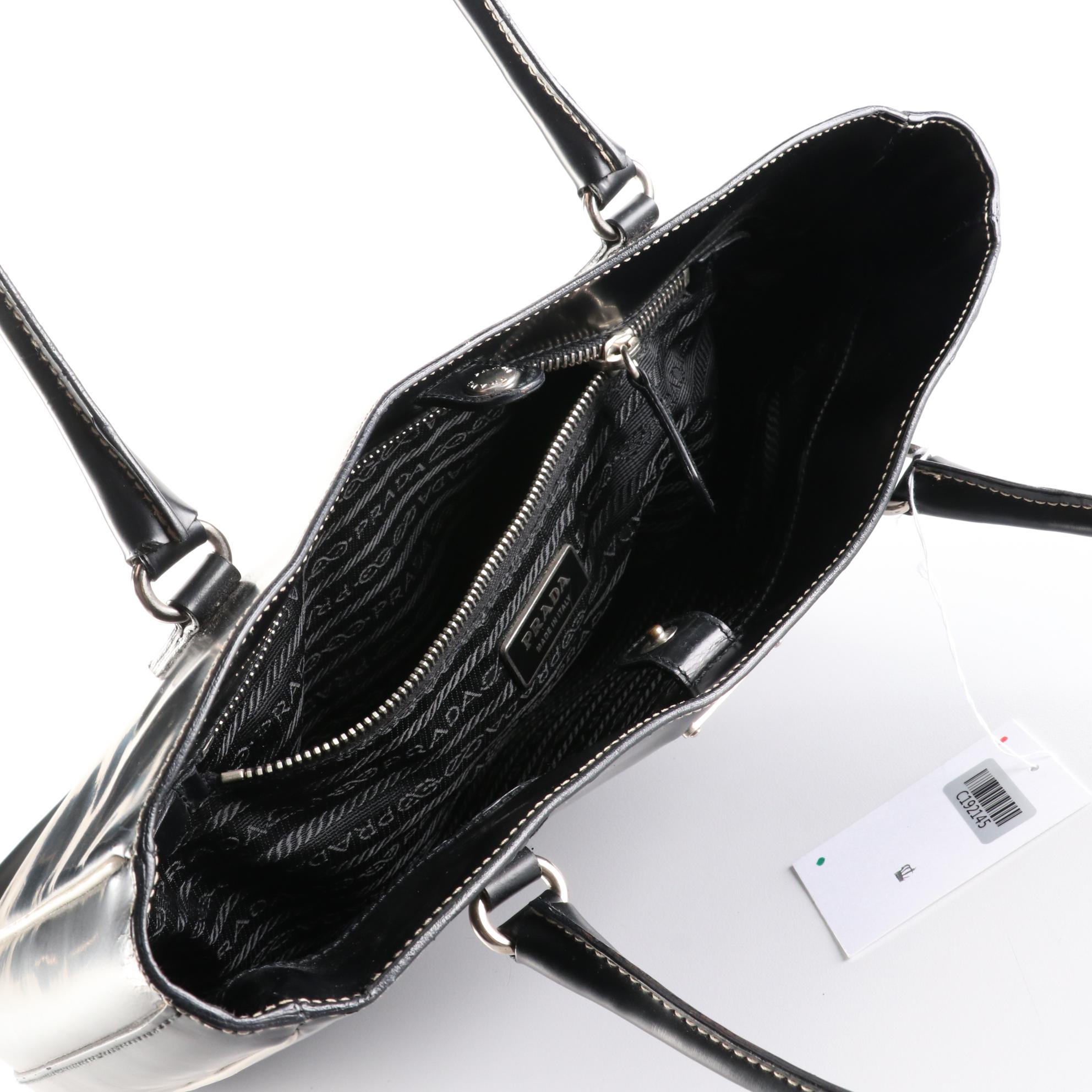 Prada Tote Bag in Black with Off-White Piping and Contrast Stitching