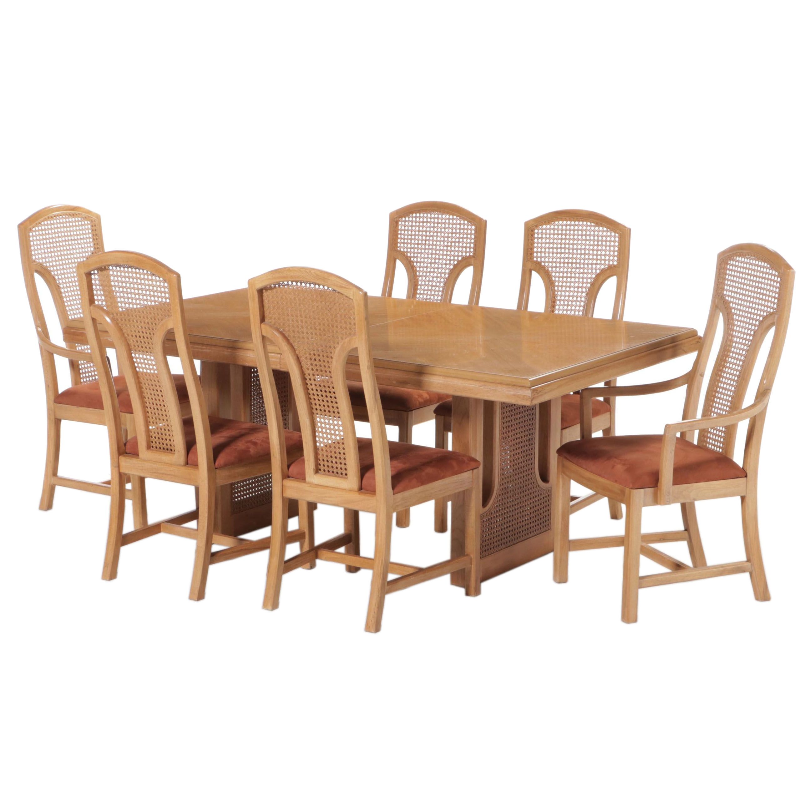 Seven-Piece Thomasville Oak and Caned Dining Set, Late 20th Century