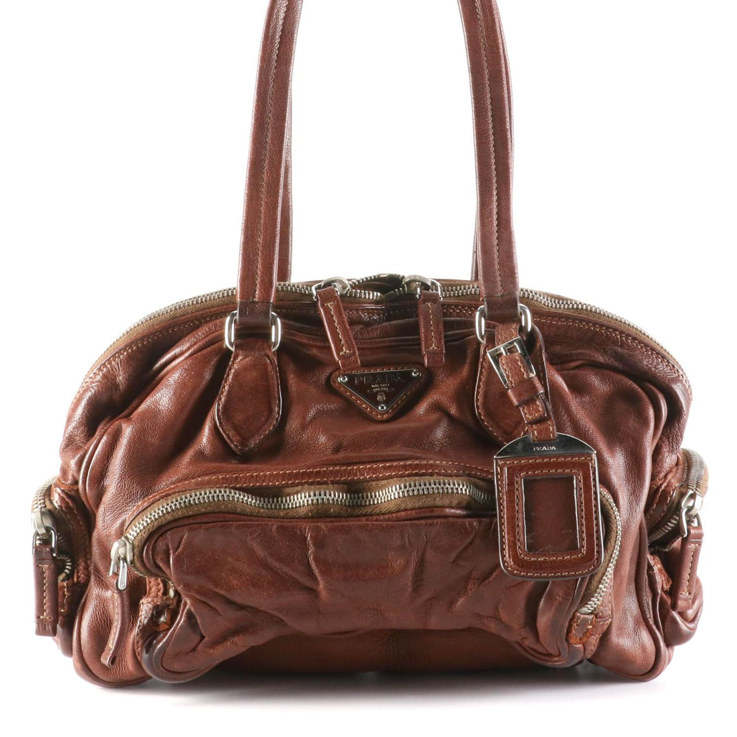 Prada Shoulder Bag in Brown Calfskin Leather with Box