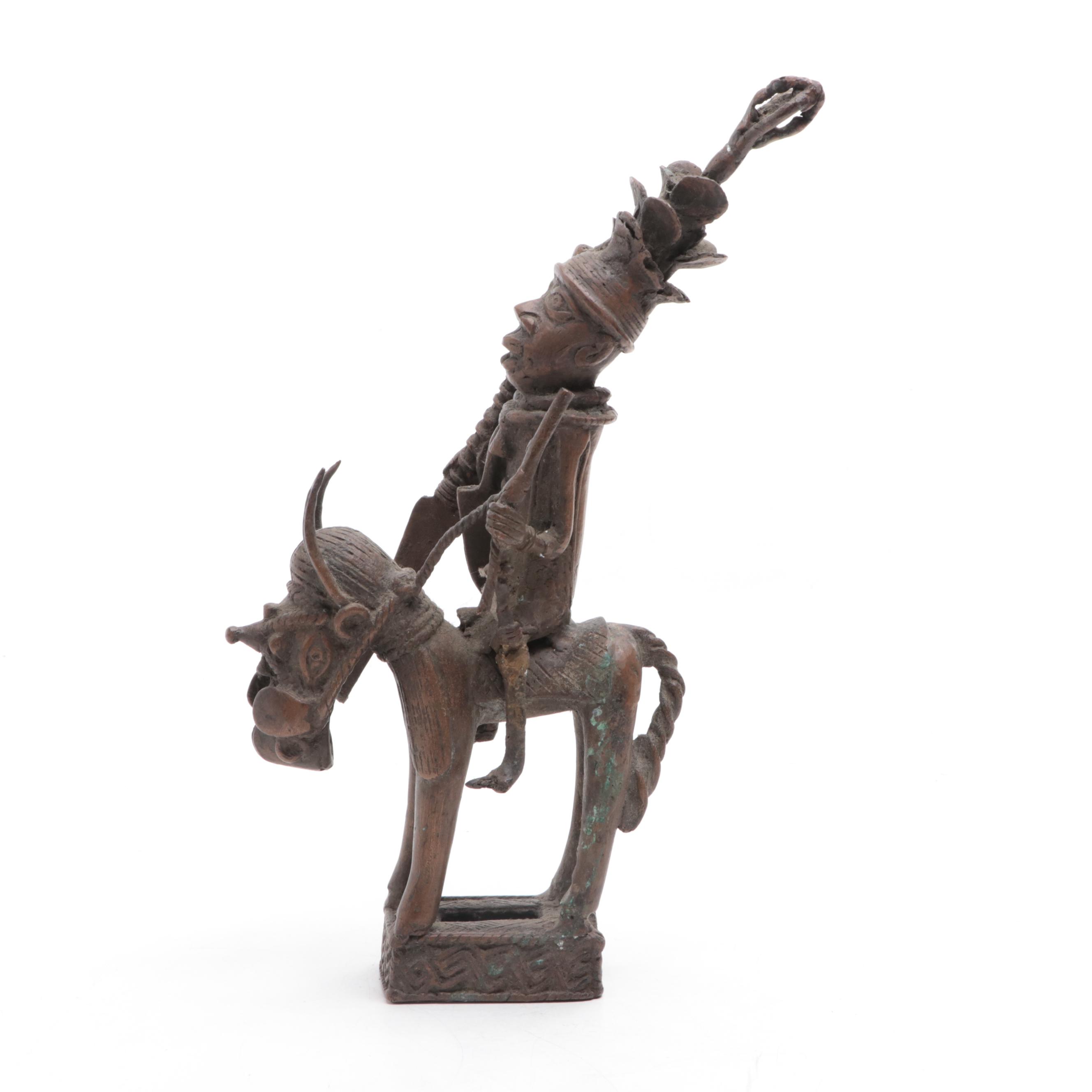 African Benin Bronze Figure of Horse and Rider
