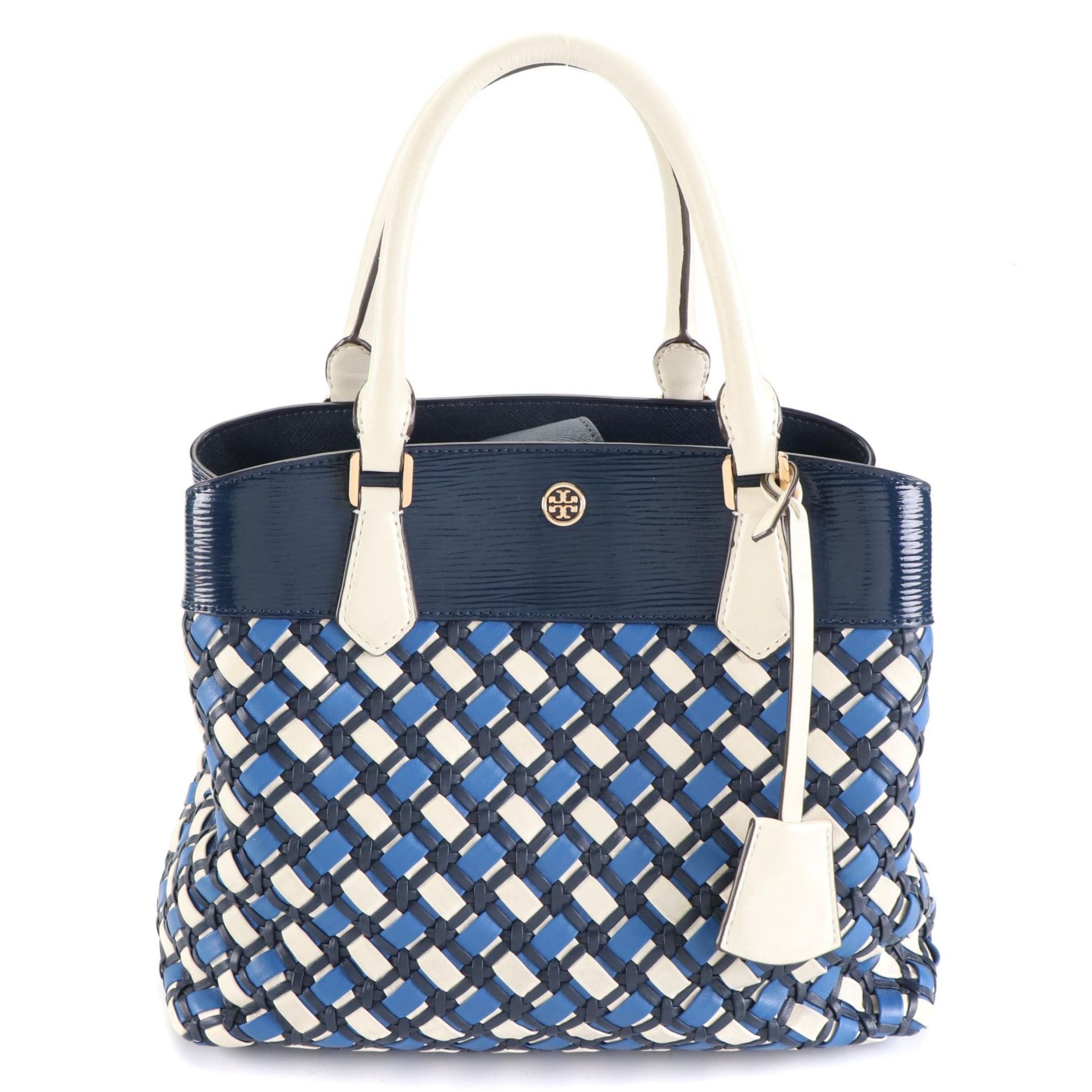 Tory Burch Robinson Tote in Woven, Textured, and Smooth Leather