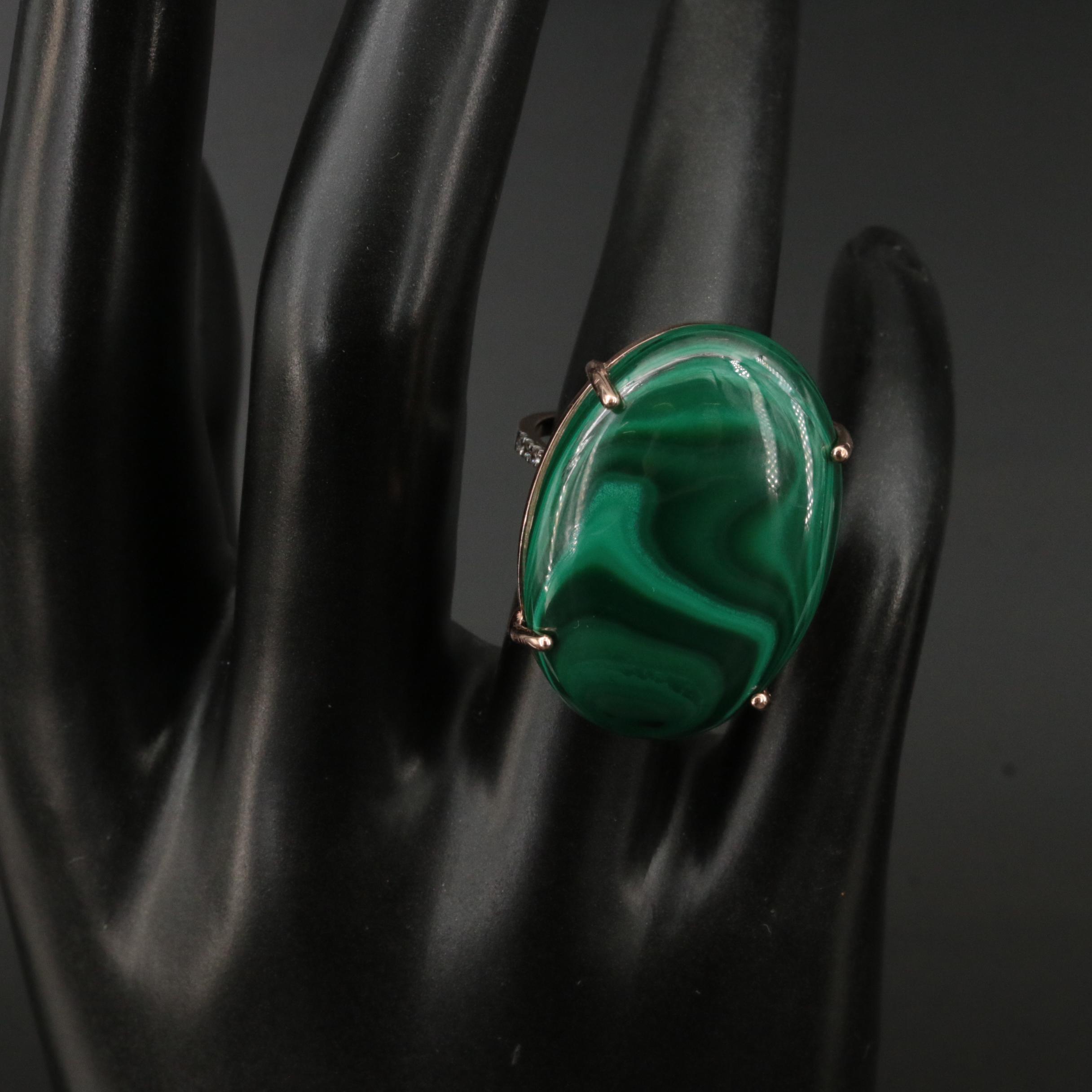 14K Rose Gold 58.50 CT Malachite and Diamond Ring