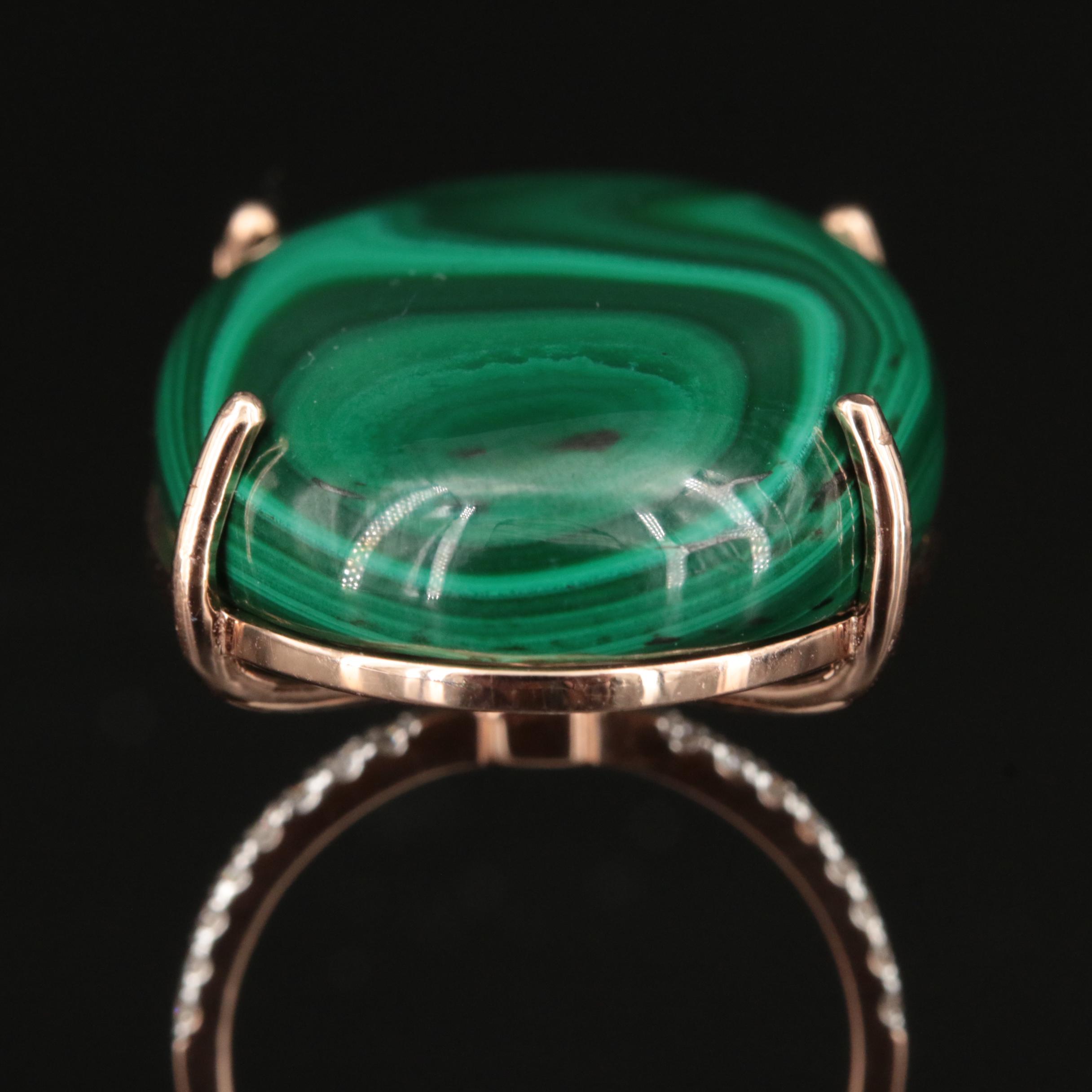 14K Rose Gold 58.50 CT Malachite and Diamond Ring