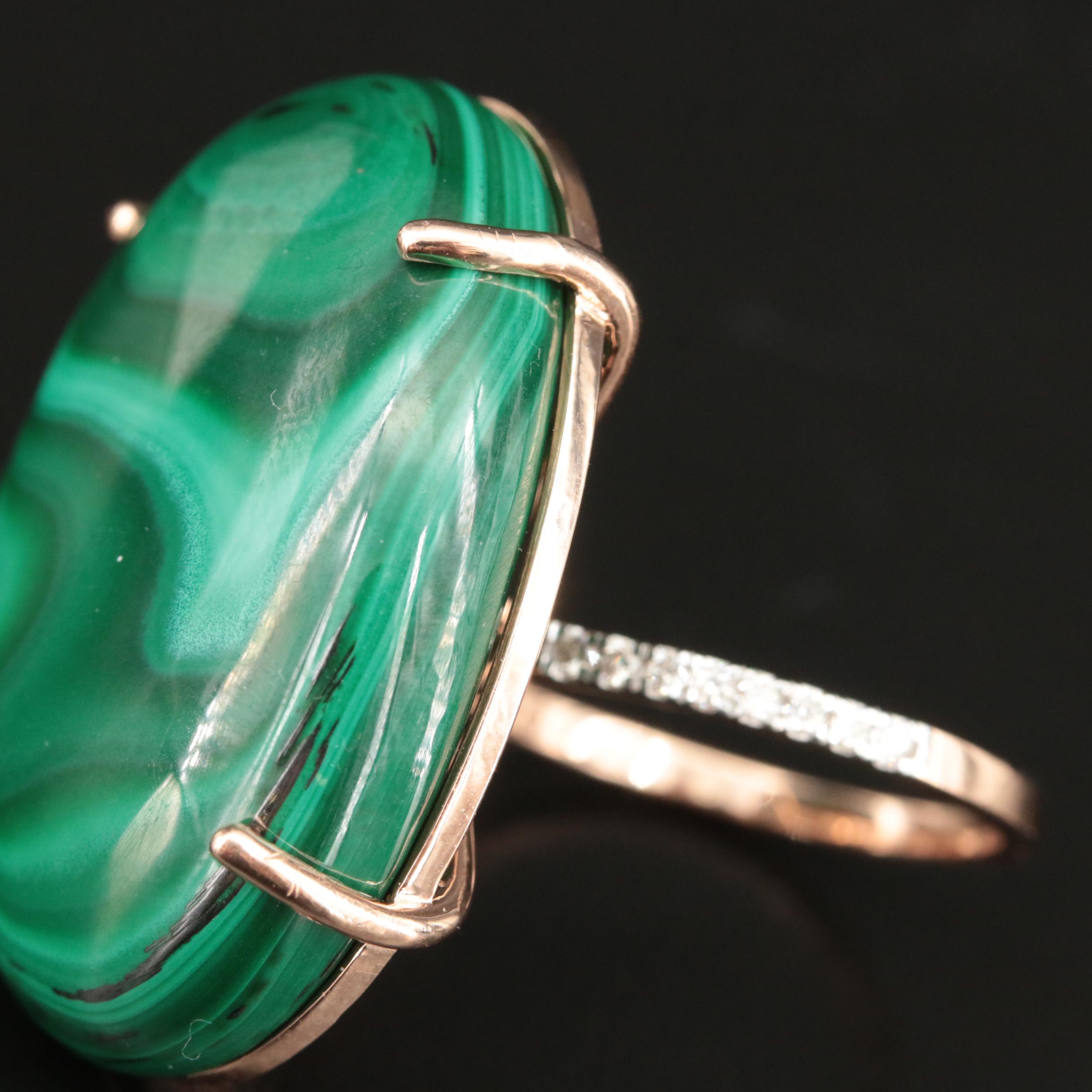 14K Rose Gold 58.50 CT Malachite and Diamond Ring