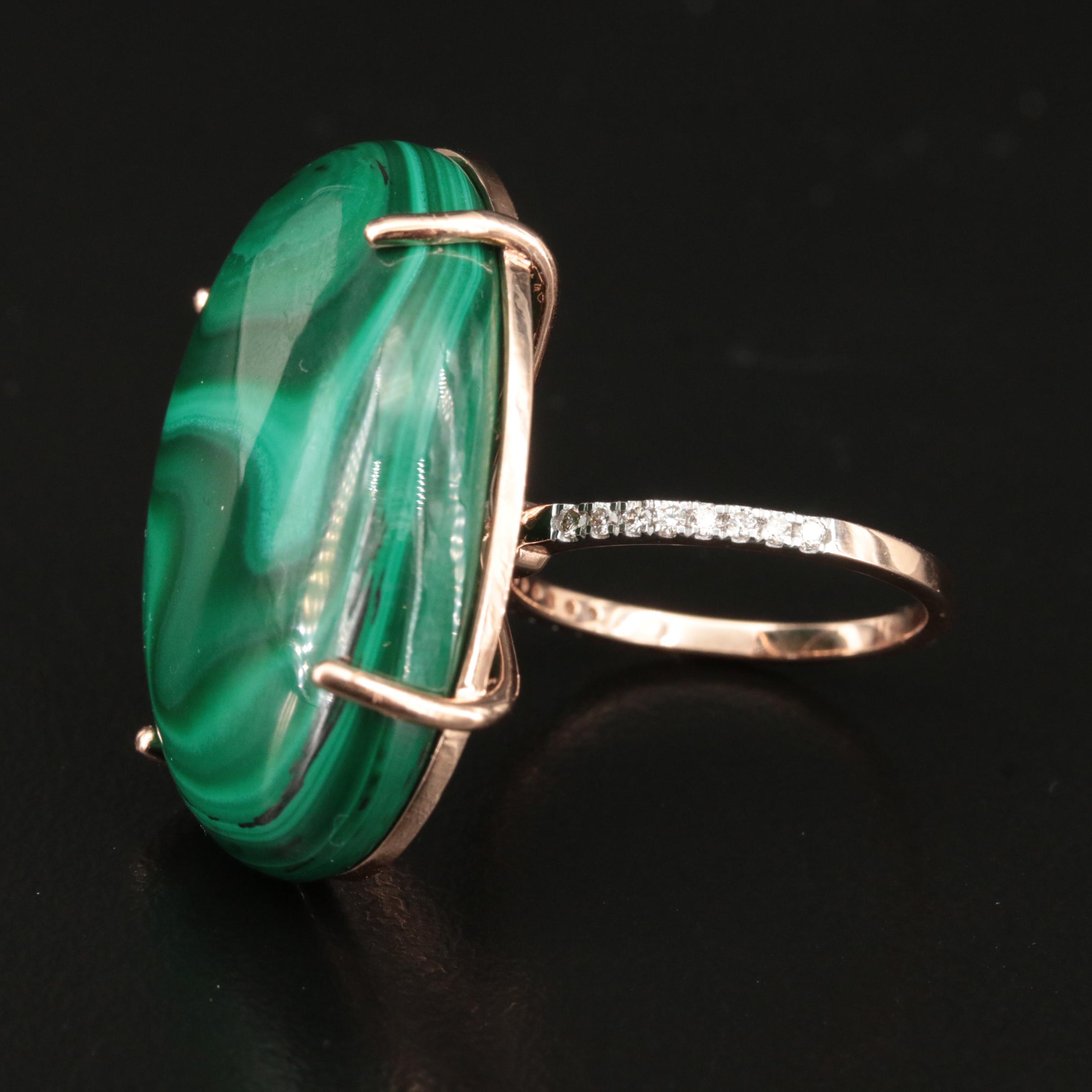 14K Rose Gold 58.50 CT Malachite and Diamond Ring